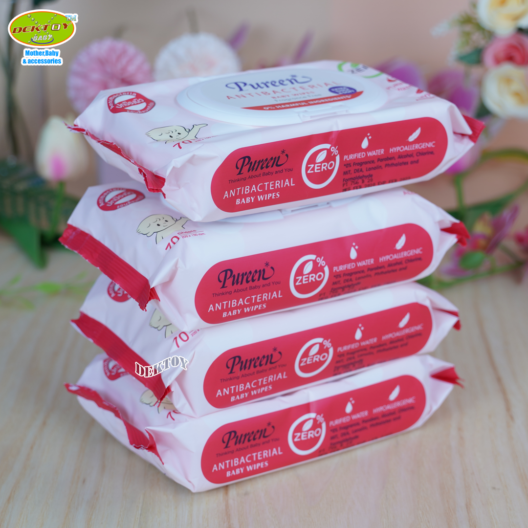 4ห่อ Pureen เพียวรีน ทิชชู่เปียก เบบี้ไวพส์ แอนตี้แบคทีเรียล 70 ชิ้น