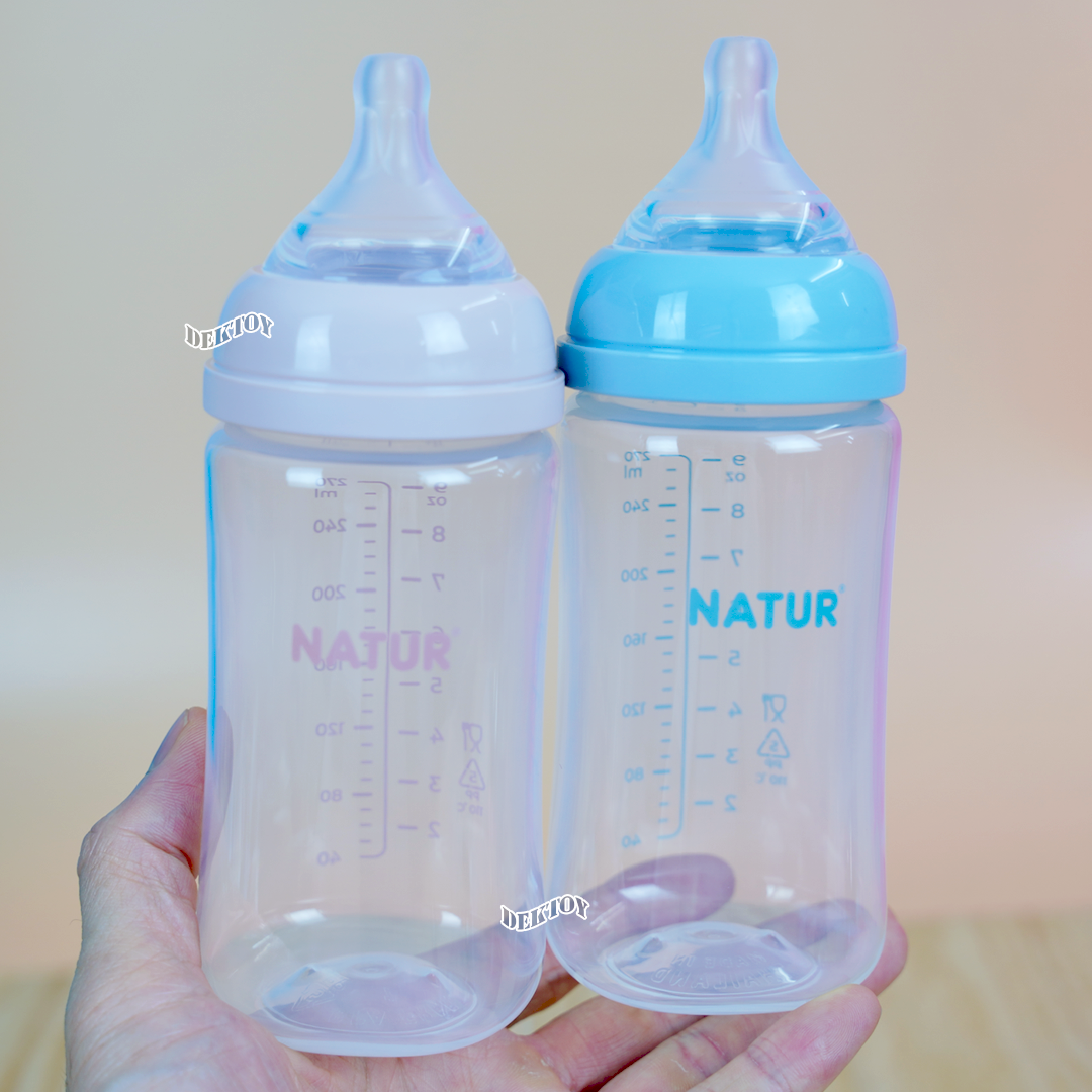 Natur infinit one size ขวดนมเนเจอร์อินฟินิท คอกว้าง PES สีชา และ PP 5 และ 9 ออนซ์ จุกนมไม่ดูดไม่ไหล 0-18 เดือน