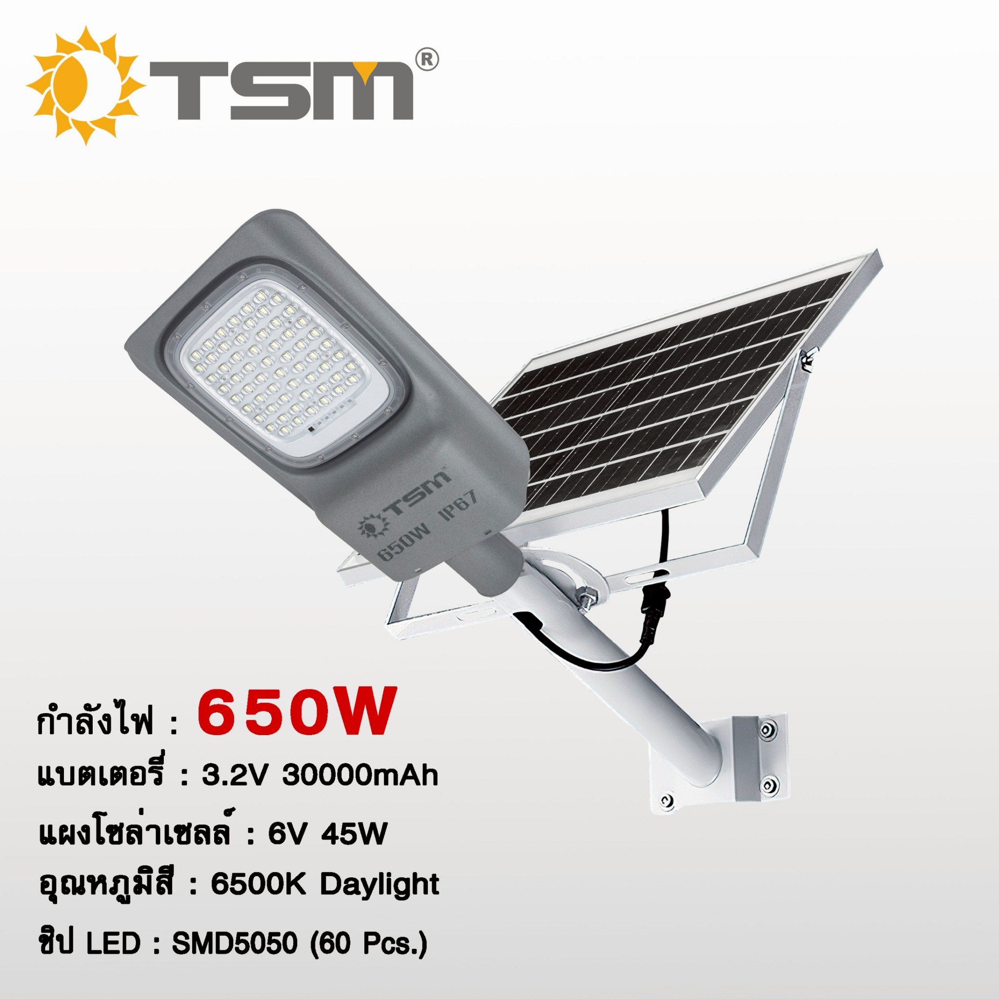 โคมไฟถนนโซล่าเซลล์ ไฟถนนโซล่าเซลล์ แผงโมโนคริสตัลไลน์ ความสว่างสูง กำลังไฟ 650W และ 950W มาพร้อมอุปกรณ์ในการติดตั้ง