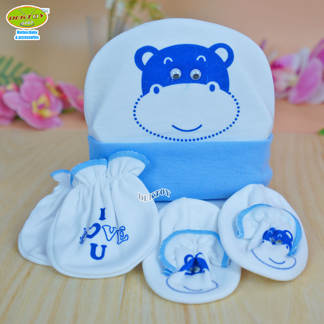 Littelhome baby ถุงมือ+ถุงเท้า+หมวก เด็กแรกเกิด-3เดือน ลายหมี ฮิปโป