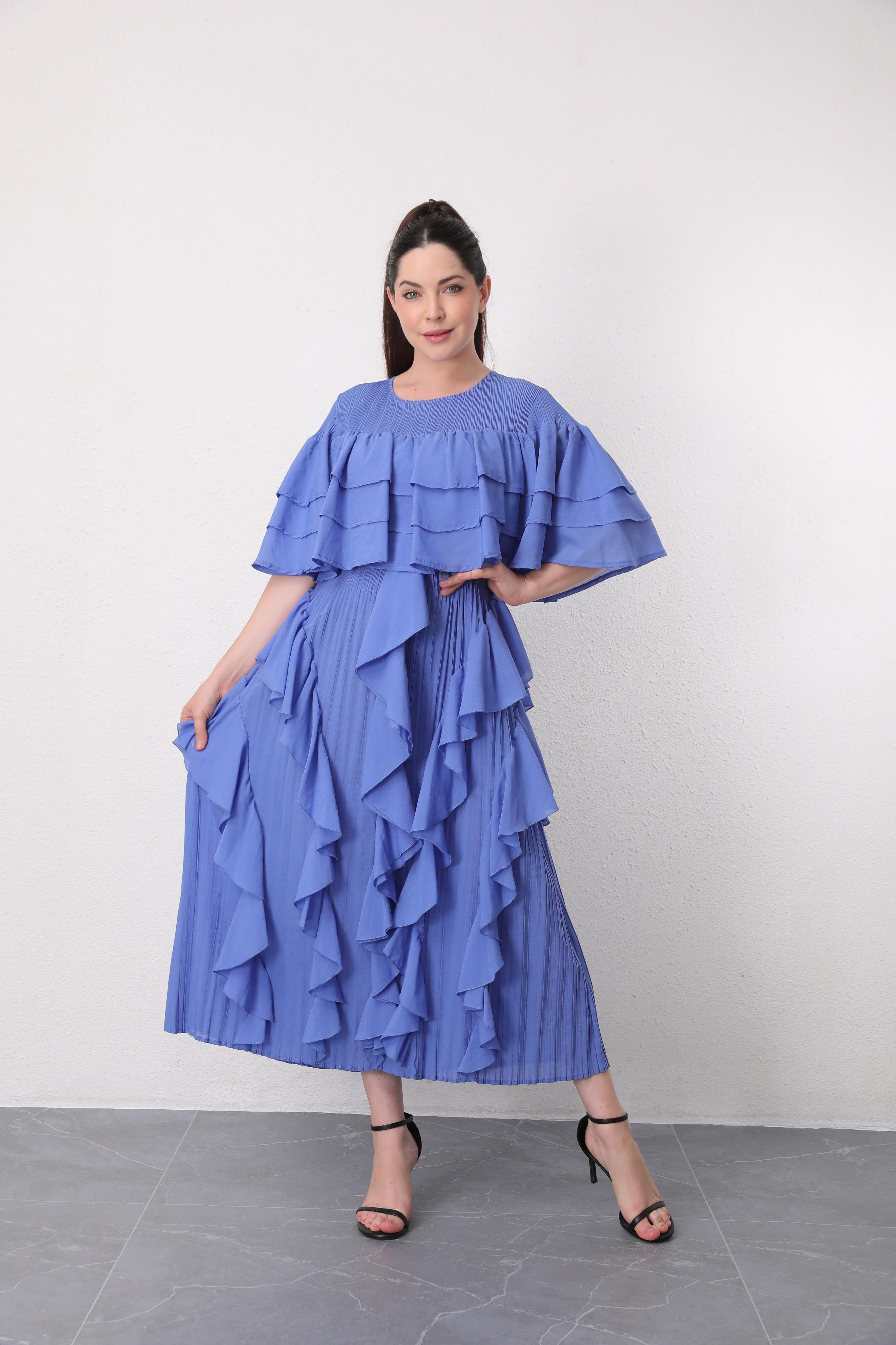 2MUAY รุ่น GA91045 ผ้าแมตต์ เดรสอัดพลีท LAYER CAPE RUFFLE PLEATED DRESS 6 สี FREE SIZE