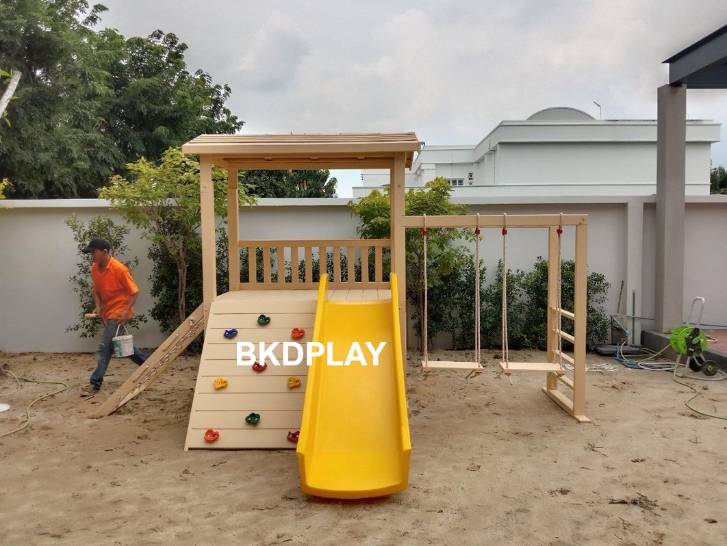 เครื่องเล่นสนามไม้ ชุด K ปีนป่ายเชือก ,ชิงช้า ,ปีนหน้าผา ปีนป่ายไม้ เครื่องเล่นสนามกลางแจ้ง ไม้เนื้อแข็ง สั่งทำสีที่ต้องการได้ wood playground