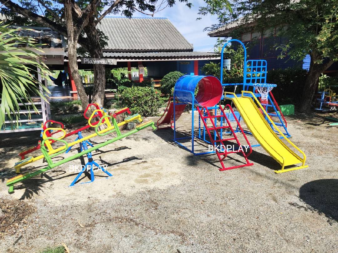 เครื่องเล่นสนามชุดรวมD ประกอบด้วยสไลเดอร์ปีนป่ายแป้นบาสและถังลอด, เครื่องเล่นสนามกลางแจ้ง , เครื่องเล่นสนามเหล็ก, ของเล่น, OutdoorPlayground,สนามเด็กเล่น,เครื่องเล่นงบสพฐ.ประชารัฐ ราคาโรงงาน