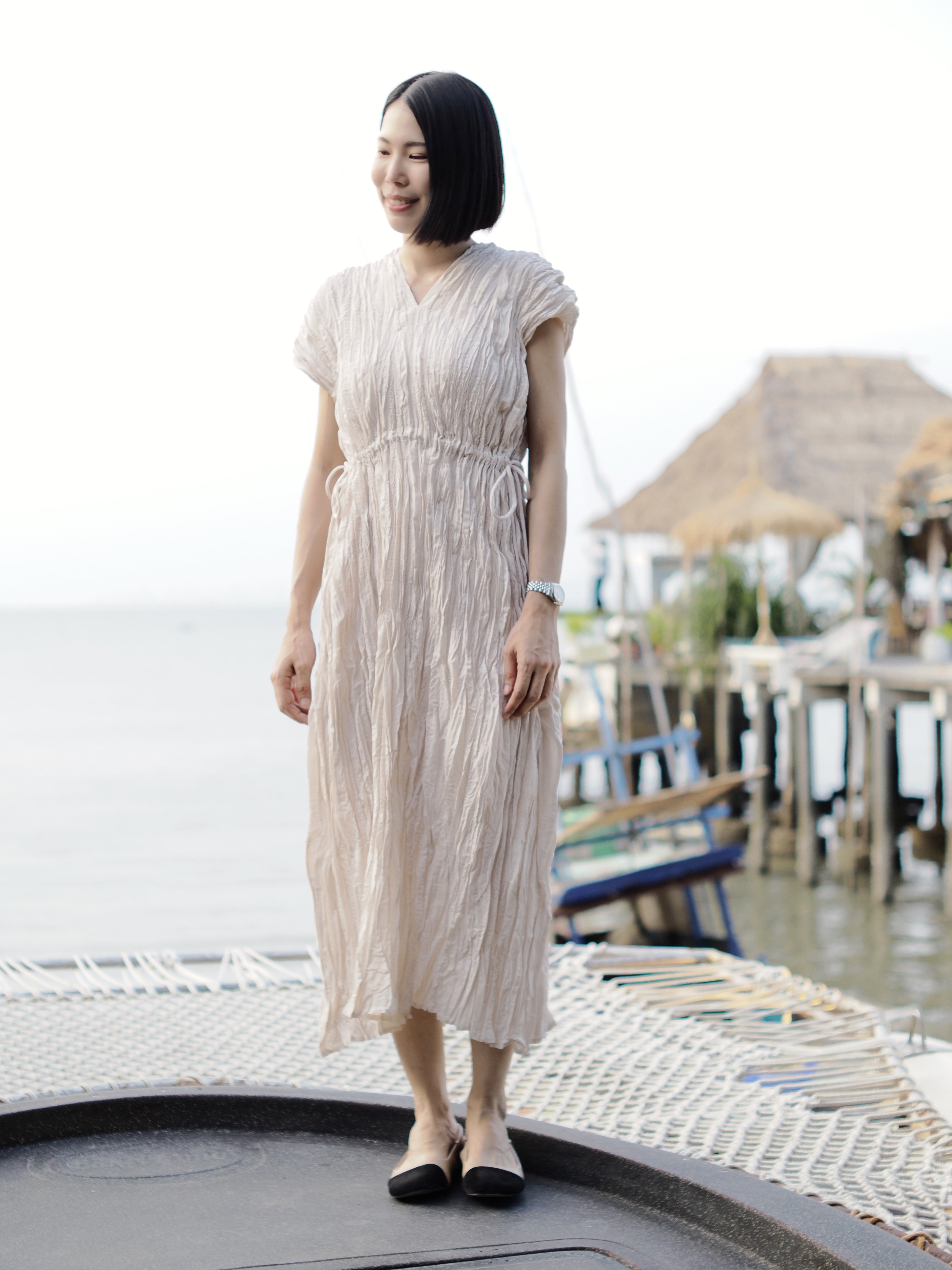 ปรับราคาลง20%!! 2MUAY รุ่น GJO3558 เดรสพลีทคุณภาพ V NECK WAIST TIE PLEATED DRESS 6 สี FREE SIZE