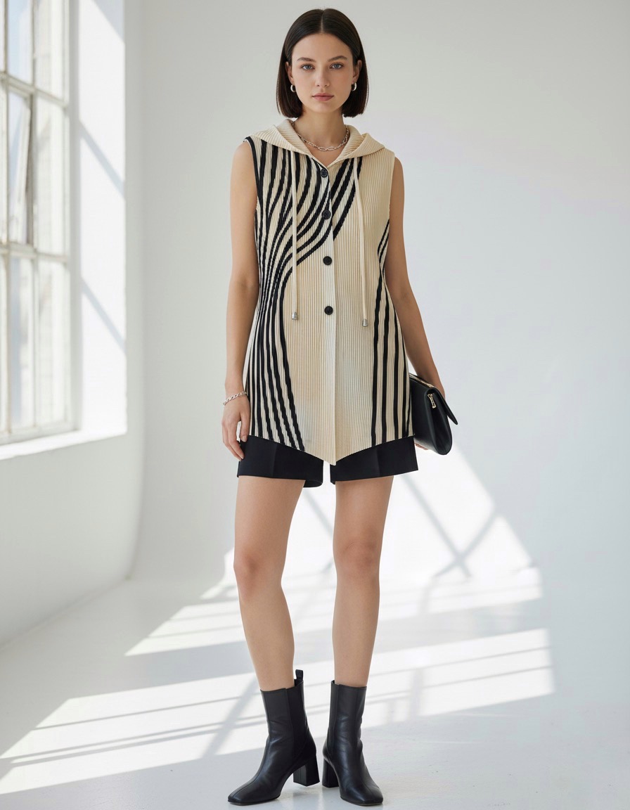 2MUAY รุ่น CX0428 เสื้ออัดพลีท THICK PRINTED SLEEVELESS HOODED PLEATED TOP 4 สี FREE SIZE