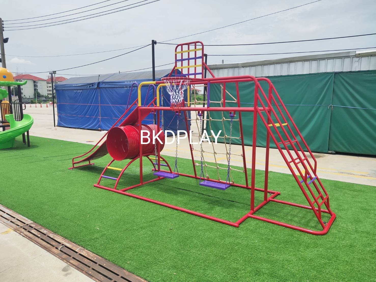 ชุดรวม E เชือกถักใหญ่ ประกอบด้วยสไลเดอร์ชิงช้าปีนป่ายแป้นบาสและถังลอดถ้ำ กระดานลื่นเหล็ก เครื่องเล่นสนามกลางแจ้ง เครื่องเล่นสนามเหล็ก OutdoorPlayground,ผลิตเครื่องเล่นสนาม,เครื่องเล่นในสนามเด็กเล่น,เครื่องเล่นงบสพฐ.,ประชารัฐ, ราคาโรงงาน