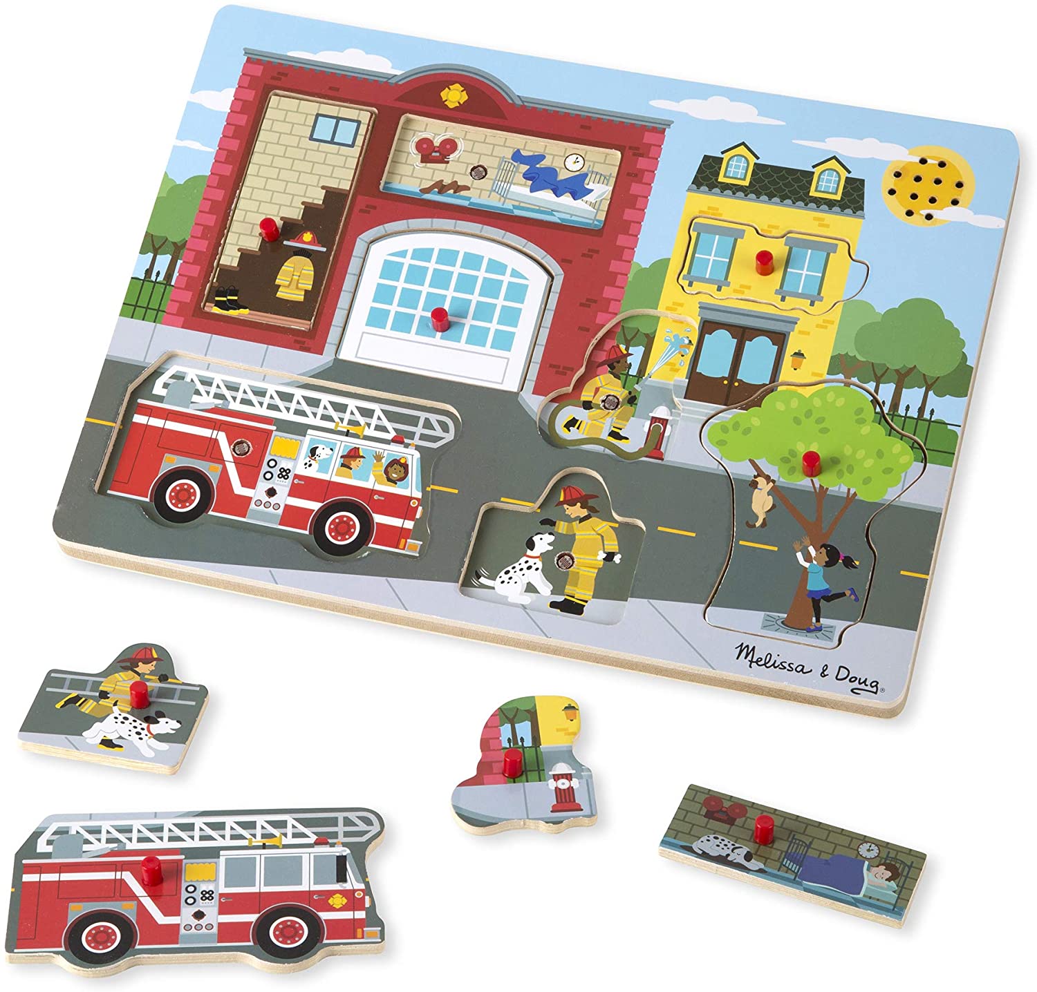 พัซเซิลรุ่นสถานีดับเพลิงมีเสียง Melissa & Doug Sound Puzzle Around the Fire Station 8 Pcs ไม่มียี่ห้ออื่น รีวิวดีใน Amazon USA จับถนัดมือ ของเล่นเด็ก (มีเสียง)