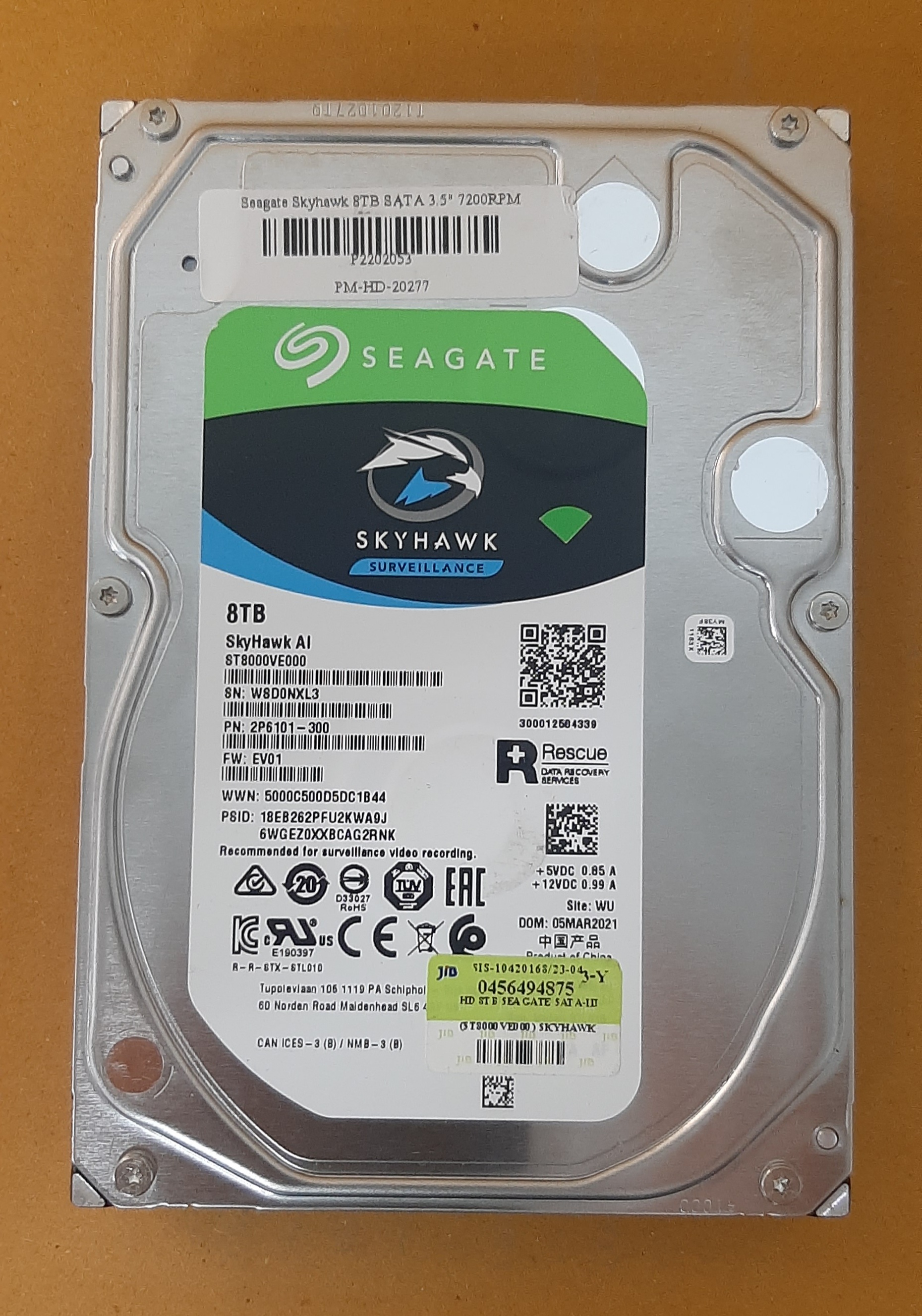 ฮาร์ดดิสก์ มือสอง ประกันร้าน 1 เดือน Seagate Skyhawk 8TB SATA 3.5" 7200RPM