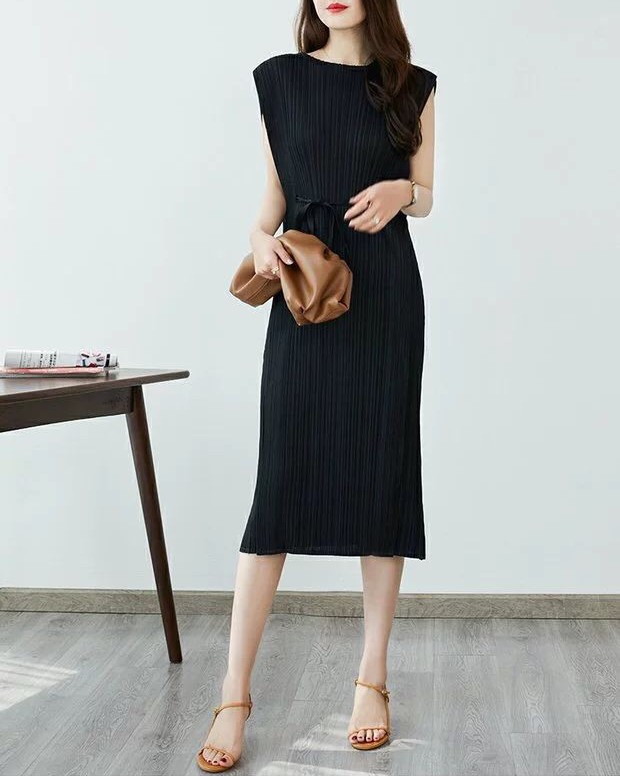 2MUAY รุ่น GJO7655 SIMPLE BOW TIE PLEATED DRESS เดรสผู้หญิง เดรสพลีทคุณภาพ 15สี FREE SIZE
