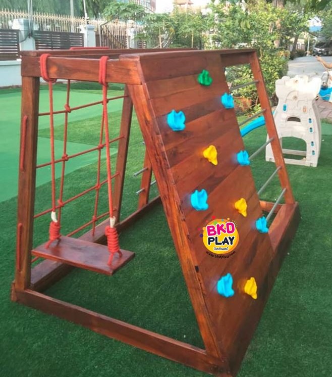 เครื่องเล่นสนามไม้ ชุด B ปีนป่ายเชือก ,ชิงช้า ,ปีนหน้าผา ปีนป่ายไม้ เครื่องเล่นสนามกลางแจ้ง ของเล่นสนาม wood playground