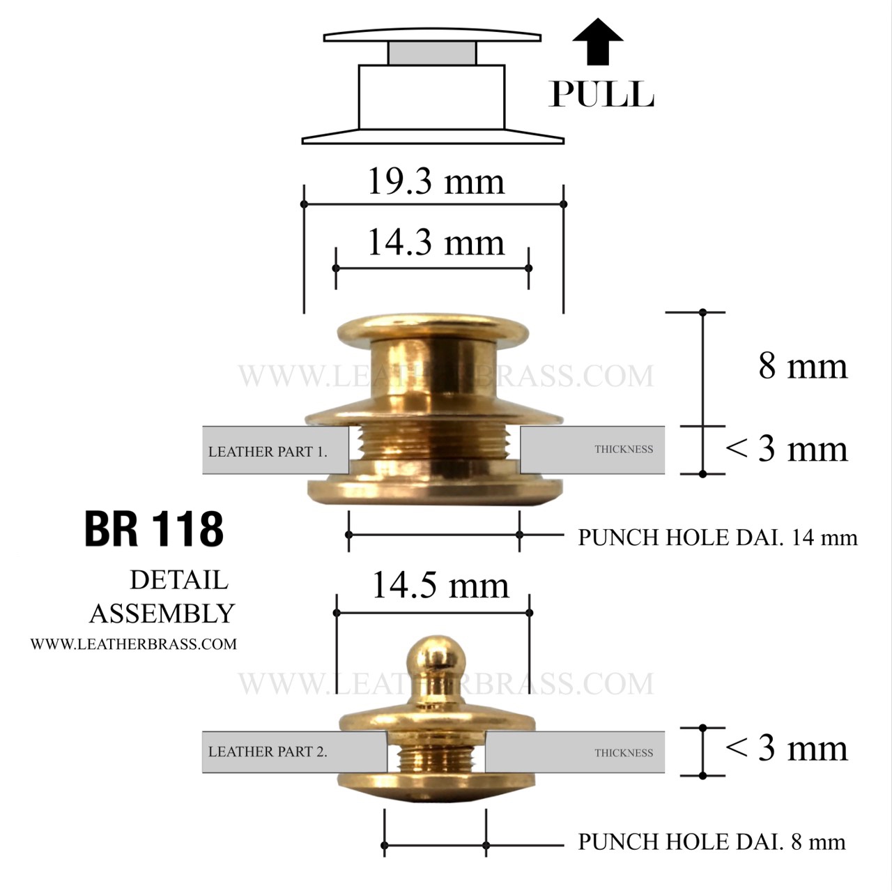 BR118 อะไหล่กระดุมล็อค(ญี่ปุ่น) ฝาหน้ากระเป๋า เนื้อทองเหลือง อะไหล่ใช้เป็นแบบระบบลูกปืนล็อค leatherbrass**ราคาต่อชิ้น**