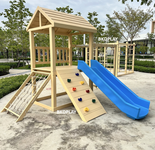 เครื่องเล่นสนามไม้ ชุด K ปีนป่ายเชือก ,ชิงช้า ,ปีนหน้าผา ปีนป่ายไม้ เครื่องเล่นสนามกลางแจ้ง ไม้เนื้อแข็ง สั่งทำสีที่ต้องการได้ wood playground