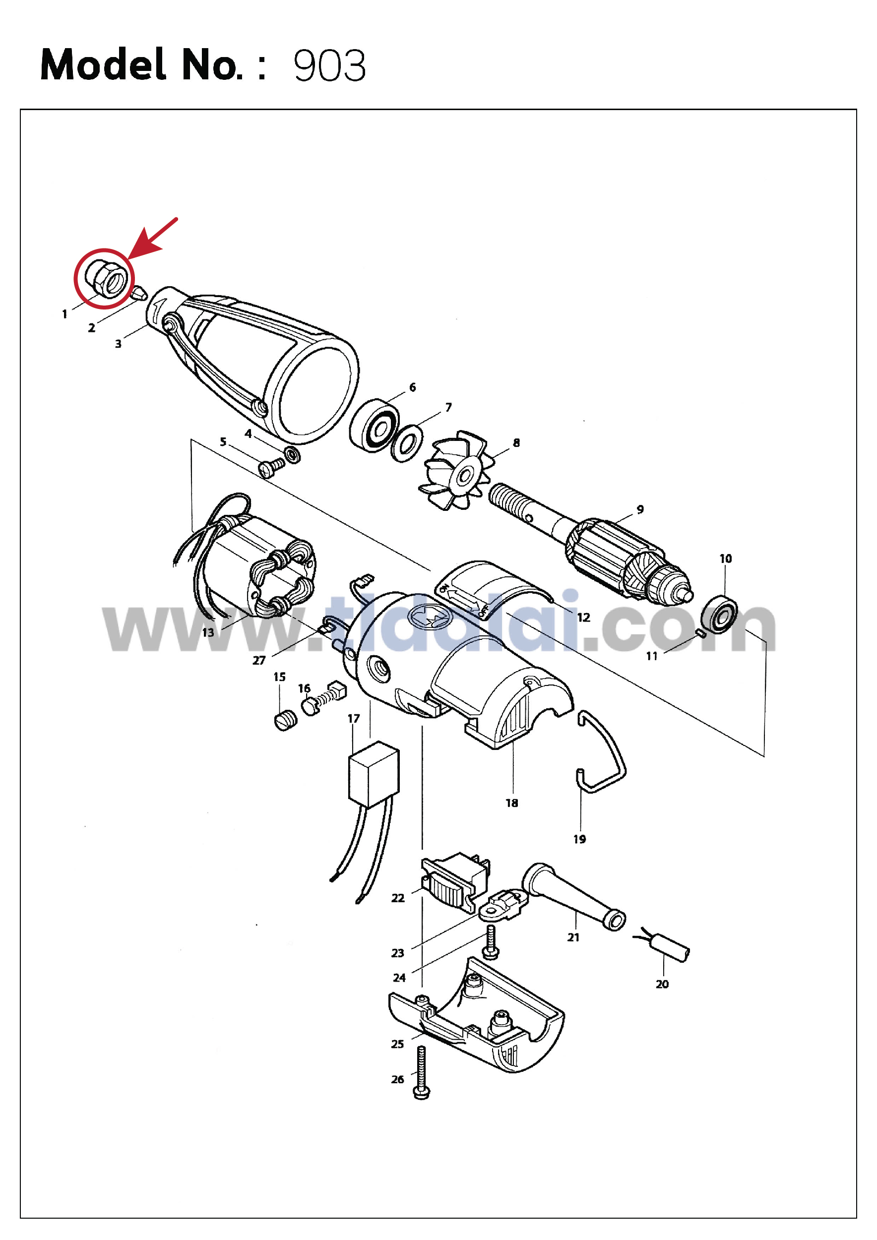 น็อตปากจับดอก (แท้) หินเจียรแกน Makita มากีต้า รุ่น 906, 903 #1 (763609-6) (อะไหล่แท้100%) น๊อตปากจับ
