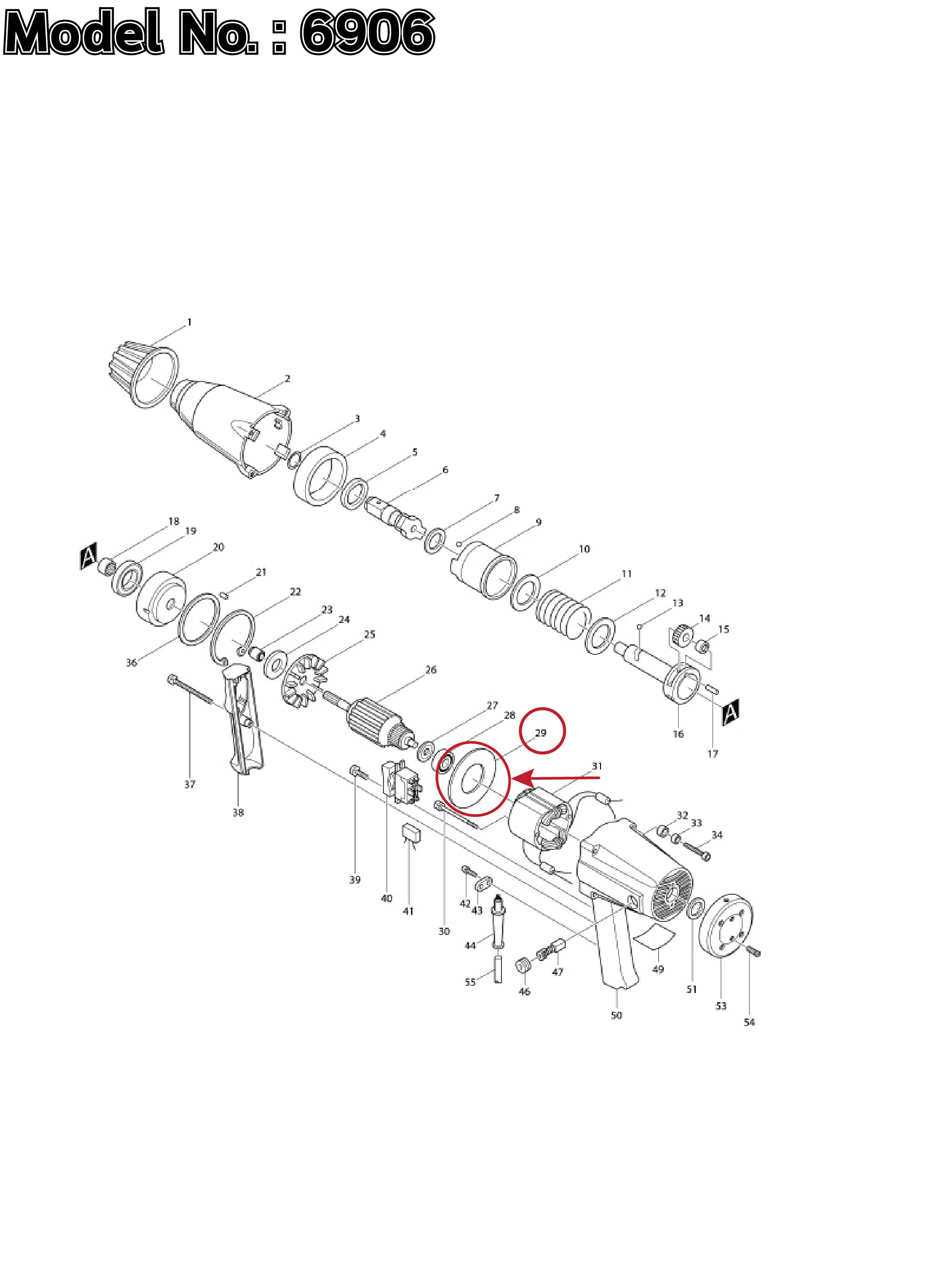 แผ่นบังทุ่น, ฝาครอบใบพัดทุ่น, บังลม, บังทุ่น (แท้) บล็อกไฟฟ้า Makita มากีต้า รุ่น 6906 #29 (413008-9) (อะไหล่แท้100%) BAFFLE PLATE