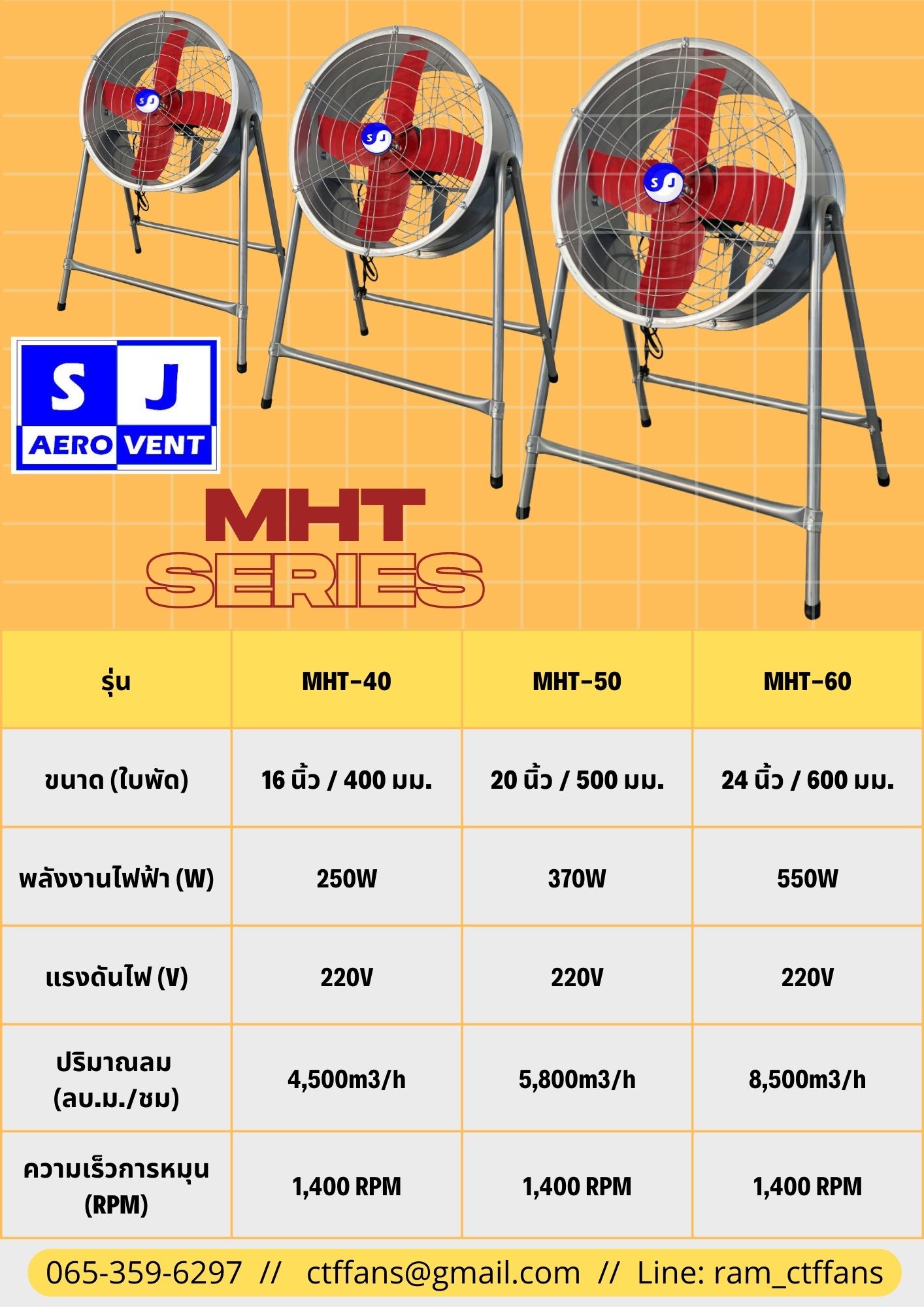 พัดลมตั้งพื้น SJ AEROVENT พัดลมระบายอากาศ พัดลมดูด-เป่า ใบพัด 16นิ้ว 20นิ้ว 24นิ้ว มีขาตั้ง รุ่น MHT Series