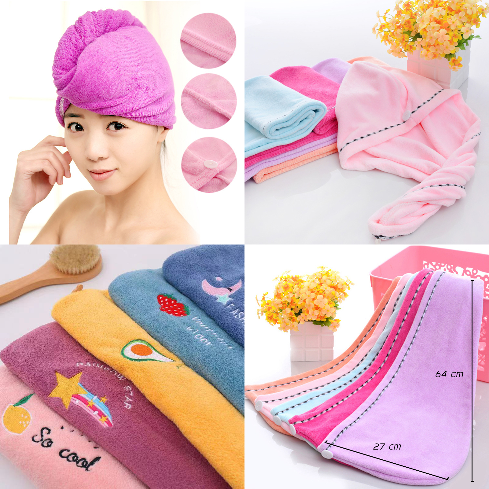 หมวกอาบน้ำ Set-3 ผ้าซับน้ำ ลายหมี/โบว์/กระดุม หมวกคลุมผมแบบแห้งเร็ว หมวกเช็ดผม ลายน่ารัก คลุมผมแต่งหน้า