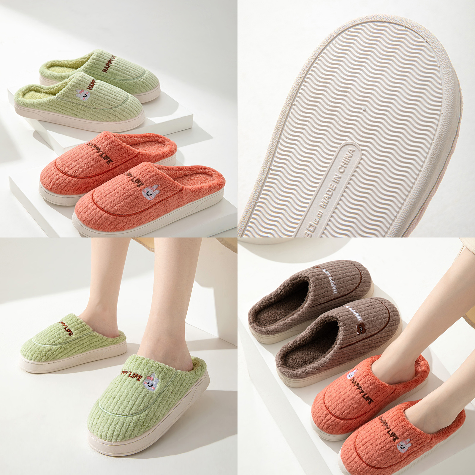 รองเท้าใส่ในบ้าน ปักลายต่ายหมี สไตล์ญี่ปุ่น ผ้าฝ้าย(Cotton) ขนนุ่ม พื้นนิ่ม ใส่สบายเท้า พื้นยางกันลื่น มีให้เลือกหลายสี หลายขนาด