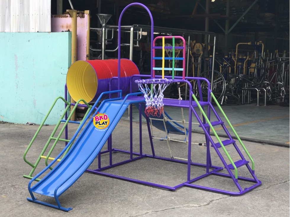 เครื่องเล่นสนามชุดรวมD ประกอบด้วยสไลเดอร์ปีนป่ายแป้นบาสและถังลอด, เครื่องเล่นสนามกลางแจ้ง , เครื่องเล่นสนามเหล็ก, ของเล่น, OutdoorPlayground,สนามเด็กเล่น,เครื่องเล่นงบสพฐ.ประชารัฐ ราคาโรงงาน