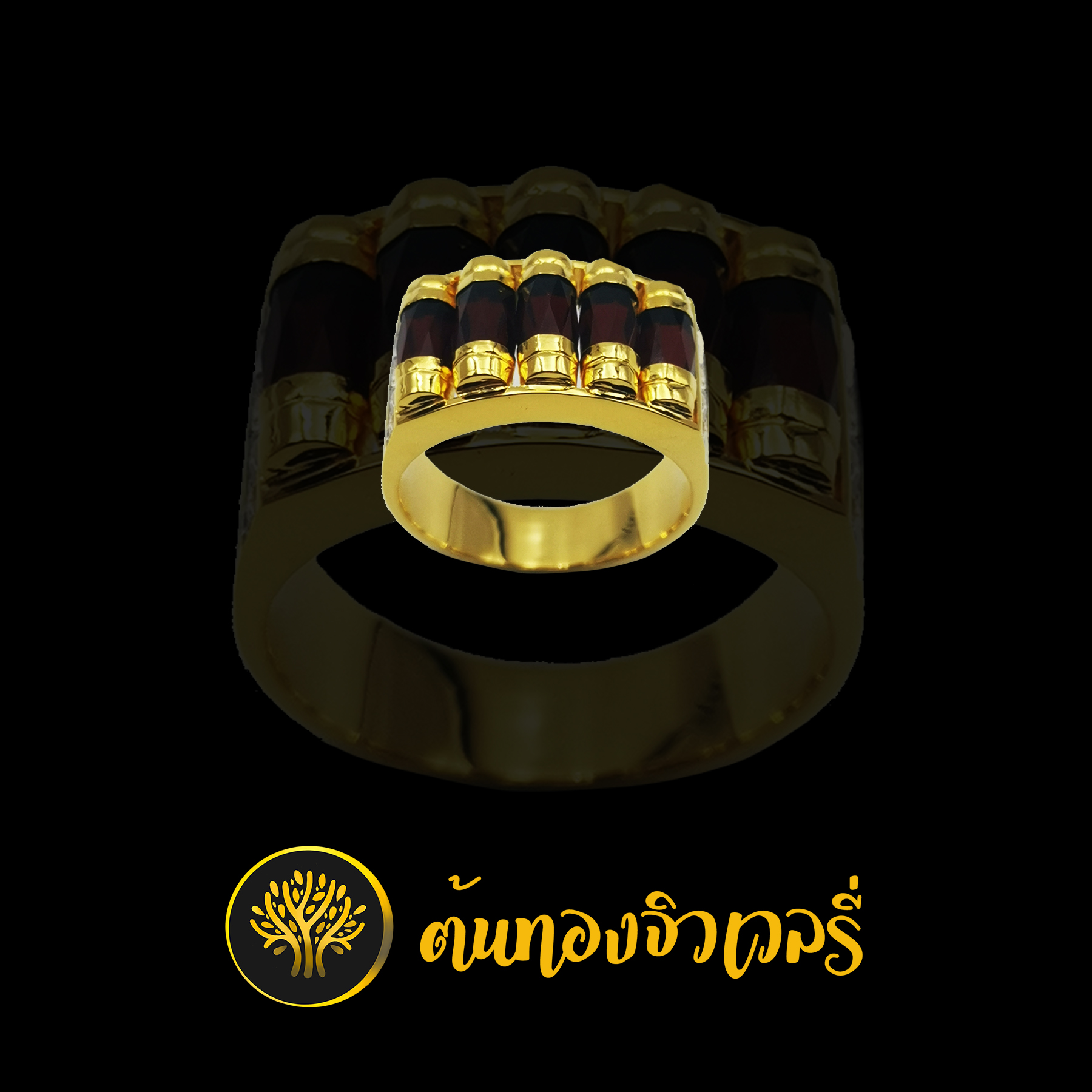 แหวนชายทองโกเมนแถว 5เม็ด ข้างฝังเพชรบวกกับเลเซอร์ลายไทย ลงยาดำ ทำให้ชิ้นงานออกมาดูหรูหรา ชิ้นงานจริงสวยมากๆครับ
