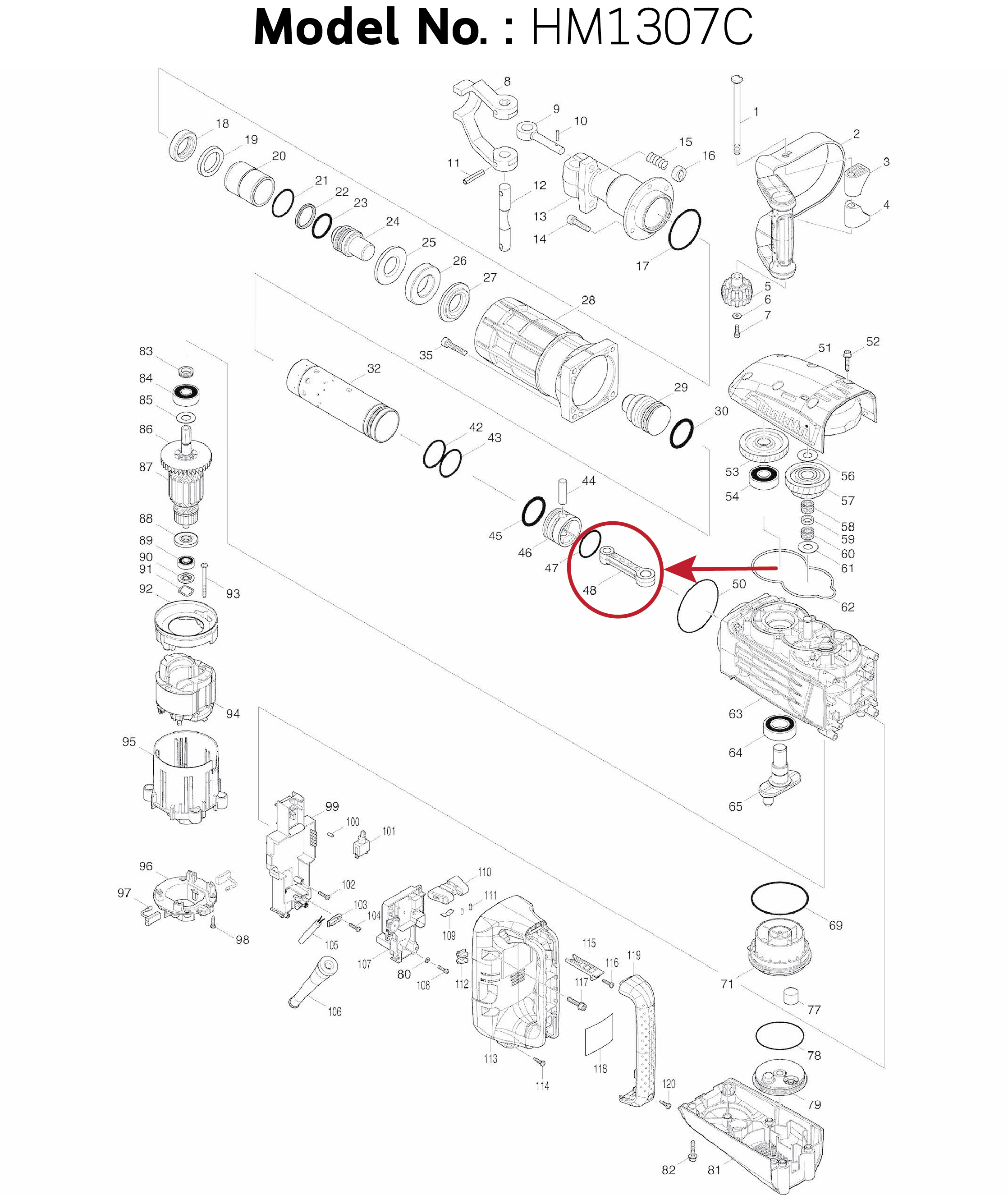 ก้านสูบ (แท้) สกัดไฟฟ้า Makita มากีต้า รุ่น HM1307C #48 (451164-7-) (อะไหล่แท้ 100%) CONNECTING ROD