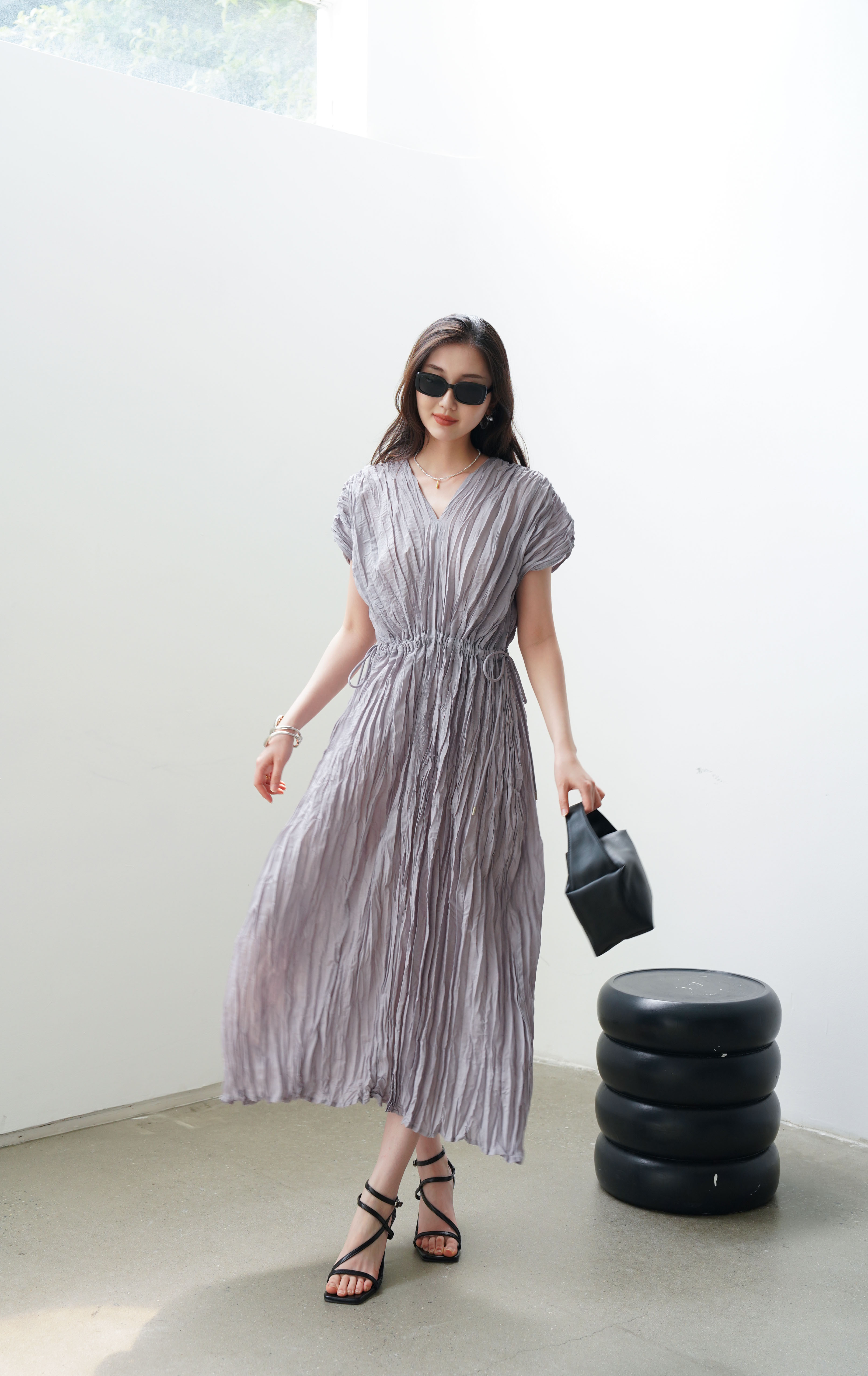 ปรับราคาลง20%!! 2MUAY รุ่น GJO3558 เดรสพลีทคุณภาพ V NECK WAIST TIE PLEATED DRESS 6 สี FREE SIZE