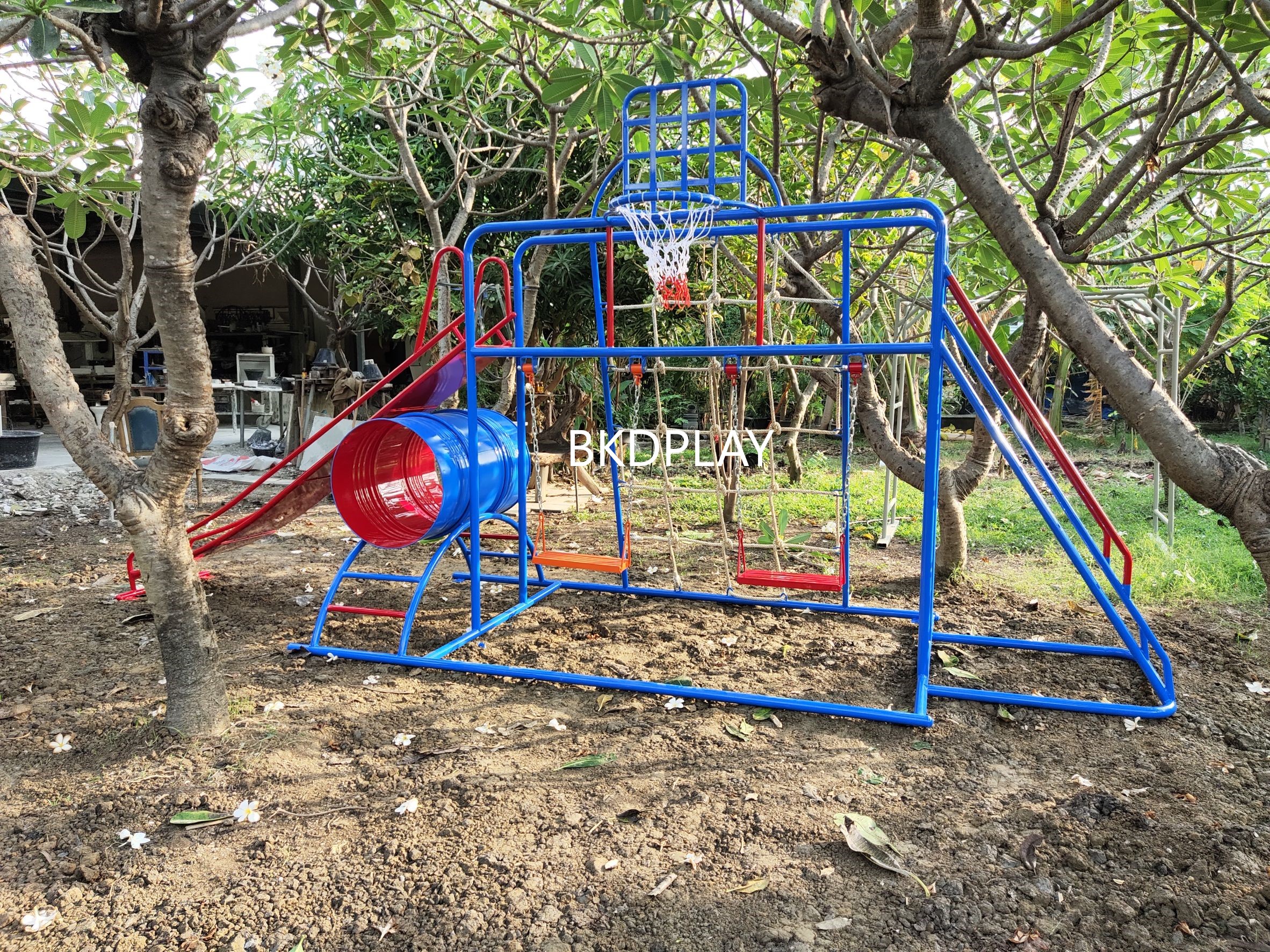 ชุดรวม E เชือกถักใหญ่ ประกอบด้วยสไลเดอร์ชิงช้าปีนป่ายแป้นบาสและถังลอดถ้ำ กระดานลื่นเหล็ก เครื่องเล่นสนามกลางแจ้ง เครื่องเล่นสนามเหล็ก OutdoorPlayground,ผลิตเครื่องเล่นสนาม,เครื่องเล่นในสนามเด็กเล่น,เครื่องเล่นงบสพฐ.,ประชารัฐ, ราคาโรงงาน