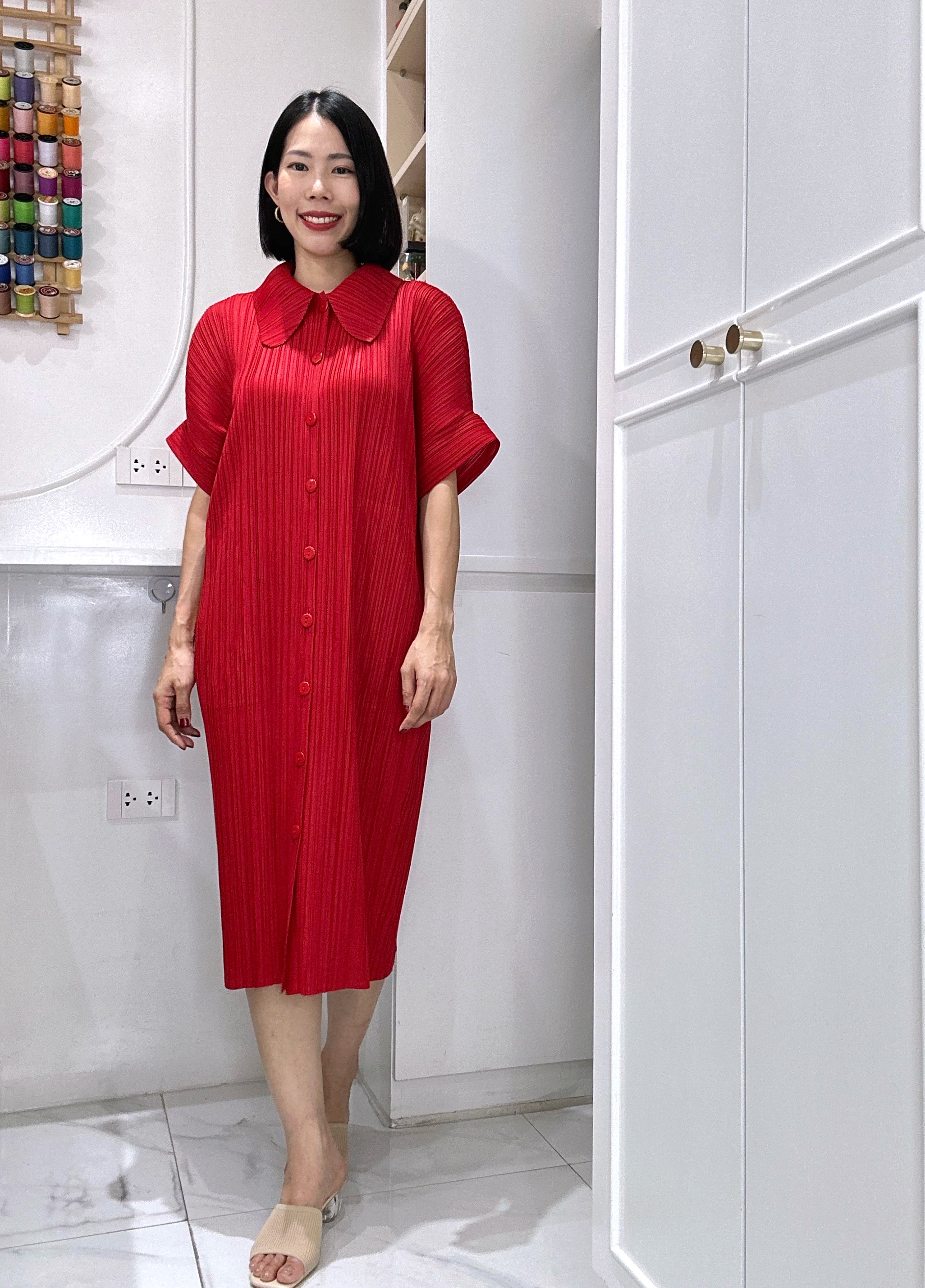2MUAY รุ่น GJO2087 COLLAR BUTTON FRONT PLEAT DRESS เดรสอัดพลีทงานคุณภาพ 9สี FREE SIZE