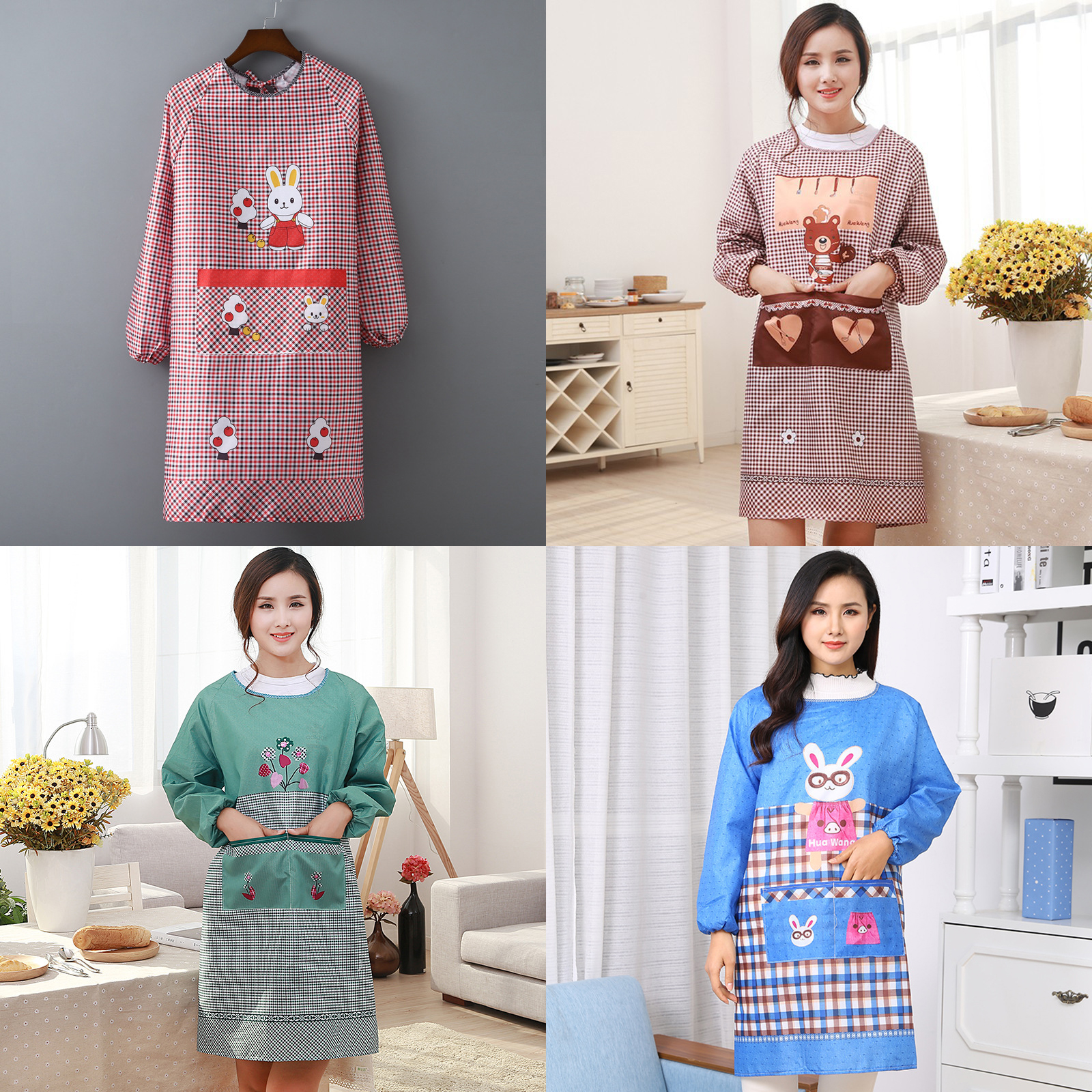 ผ้ากันเปื้อน Set-6 ชุดแขนยาว พิมพ์ลาย การ์ตูน ผ้าโพลีเอสเตอร์ ใส่กันเปื้อน ทำอาหาร ทำงานบ้าน ป้องกันสิ่งสกปรก