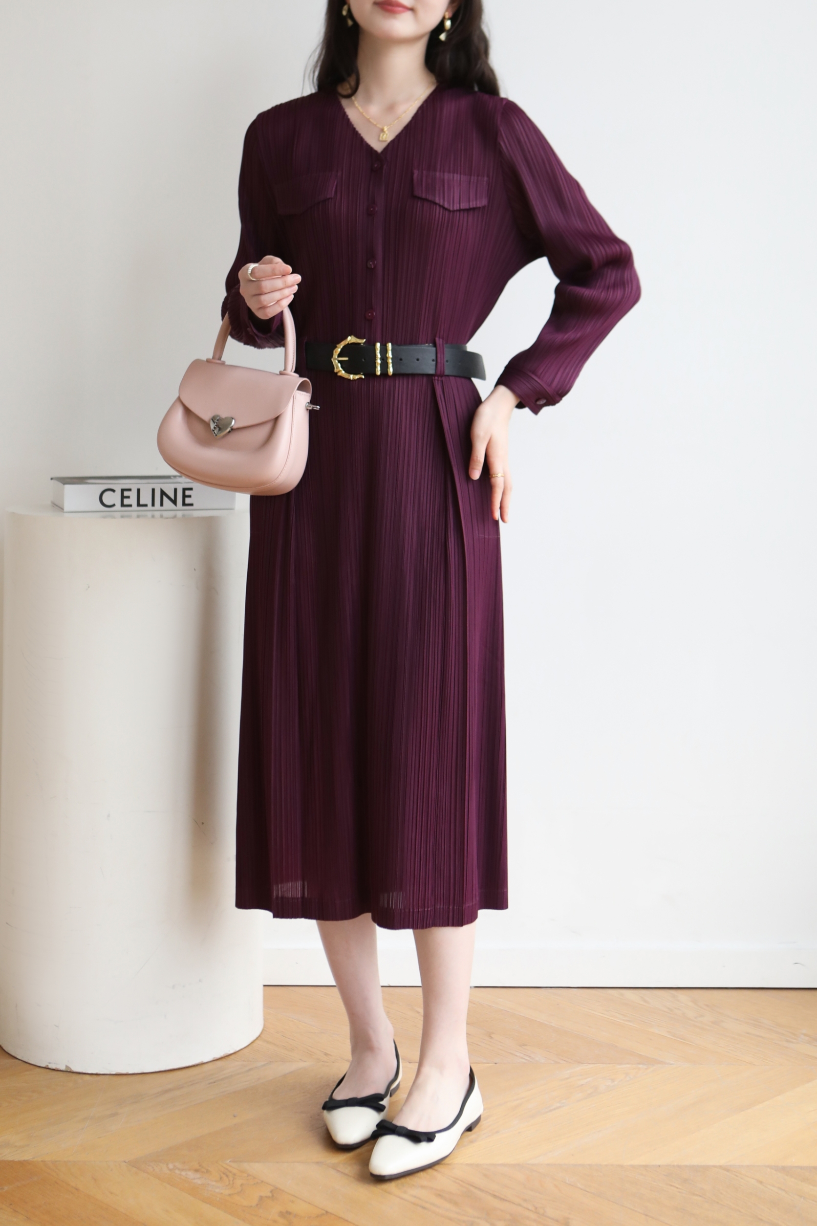 2MUAY รุ่น GJO1135 เดรสพลีทคุณภาพ V NECK LONG SLEEVE PLEATED DRESS 8 สี FREE SIZE