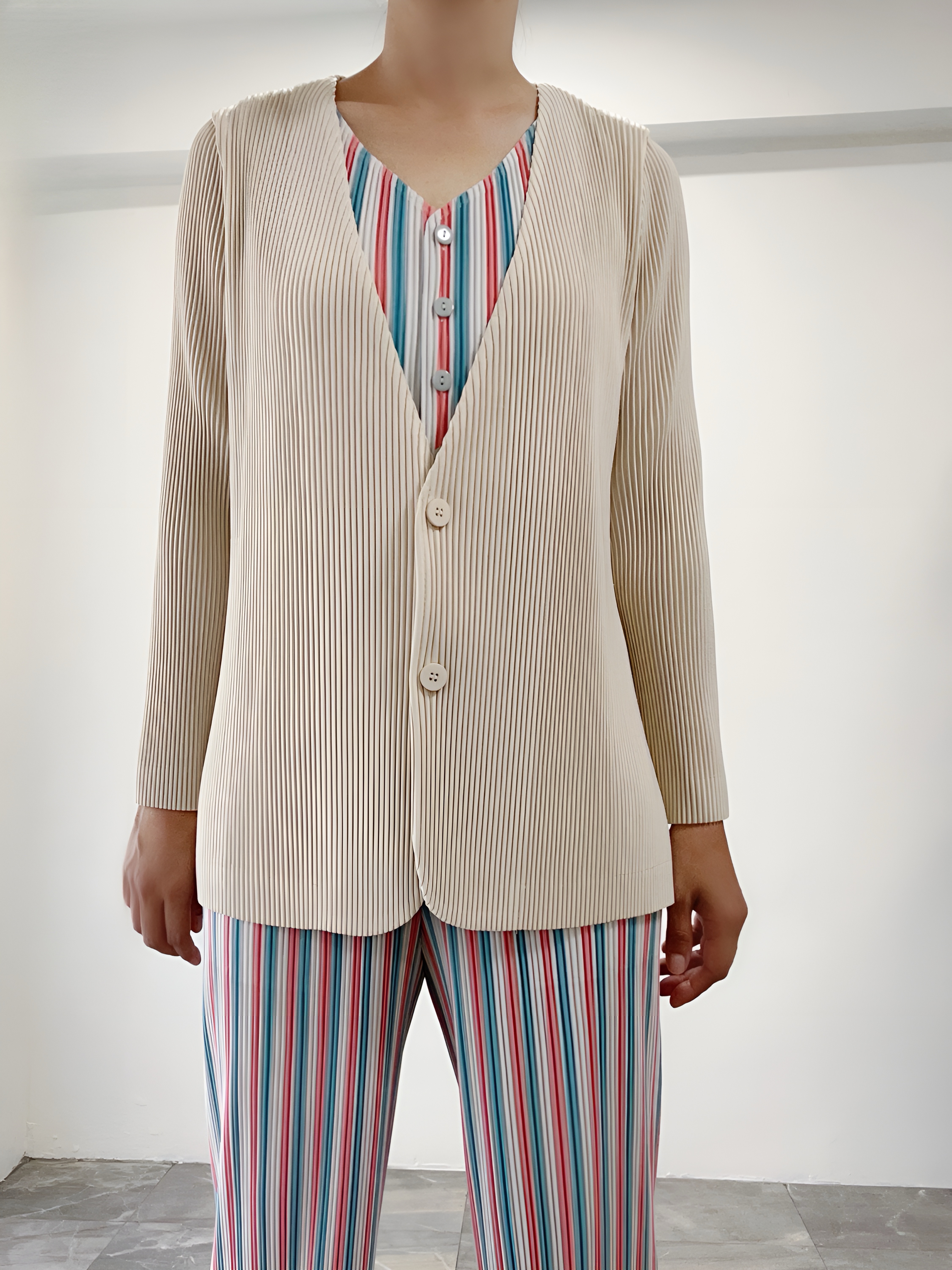 2MUAY รุ่น GJO5146 เสื้อคลุมพลีทคุณภาพ THICK V NECK LONG SLEEVE PLEATED CARDIGAN 10 สี FREE SIZE