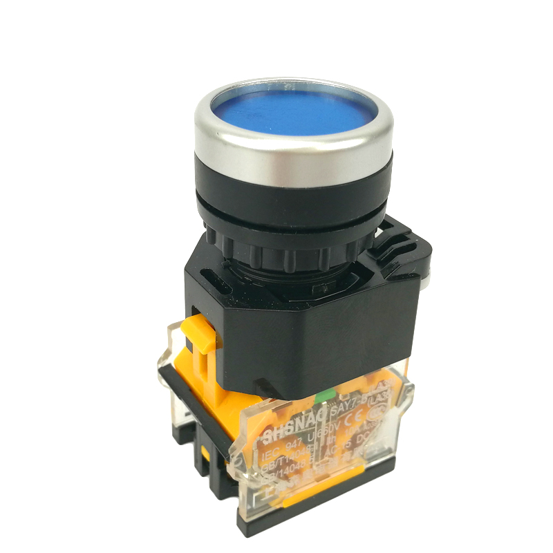 ปุ่มกดสีฟ้า (กดติดปล่อยดับ/กดติดกดดับ) LA38 22mm Flat Head Pushbutton Switch 1NO/1NC ( ไม่มี LED )