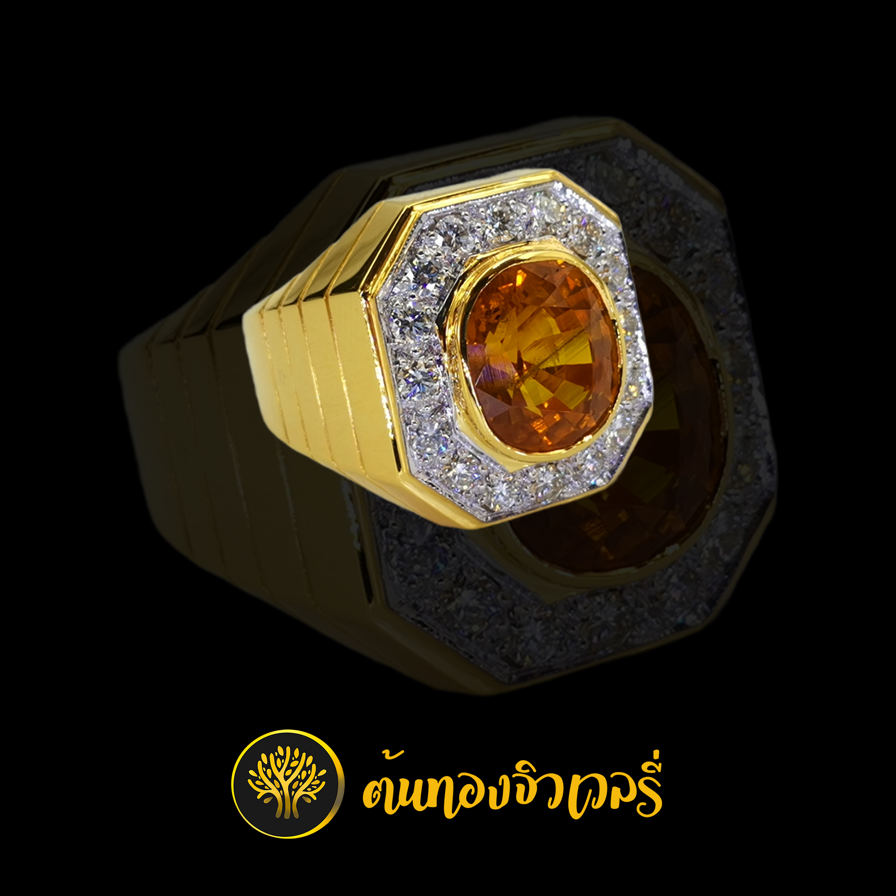 แหวนชายทองบุษราคัม เพชรล้อมเต็มระบบ ก้านแหวนคาดเส้นแนวนอน เท่ๆครับ