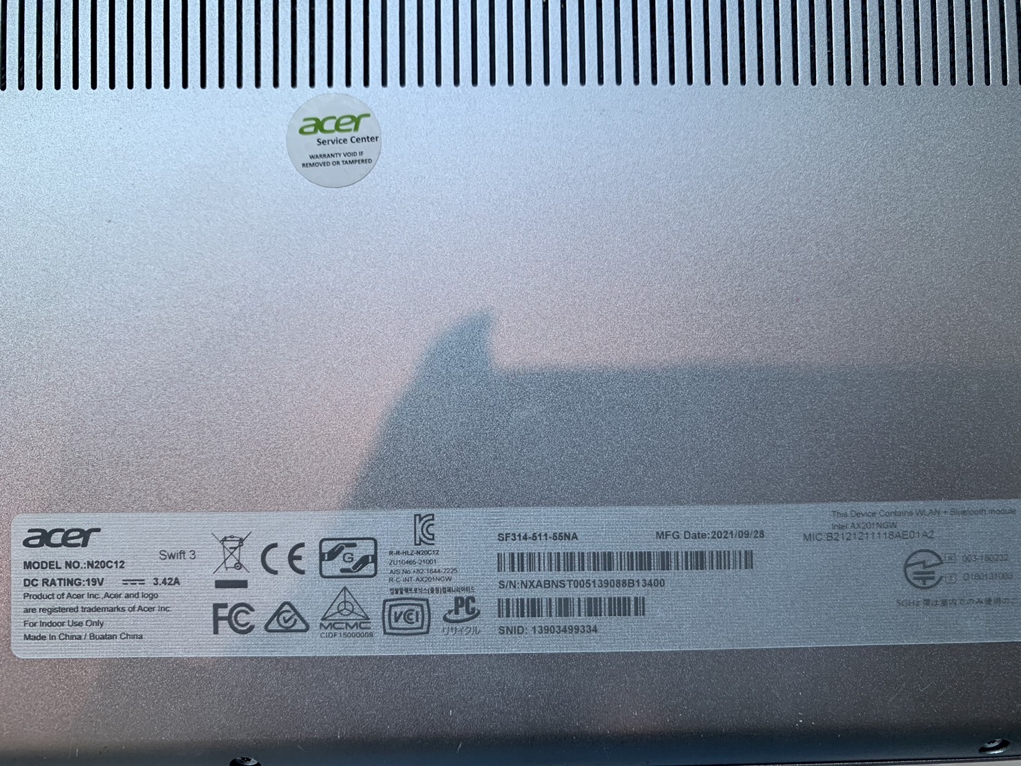 NOTEBOOK (โน้ตบุ๊ค) Acer Swift 3 SF314-55NA - 14 inch (Model NO :N20C12) ประกันศูนย์ 10/2023