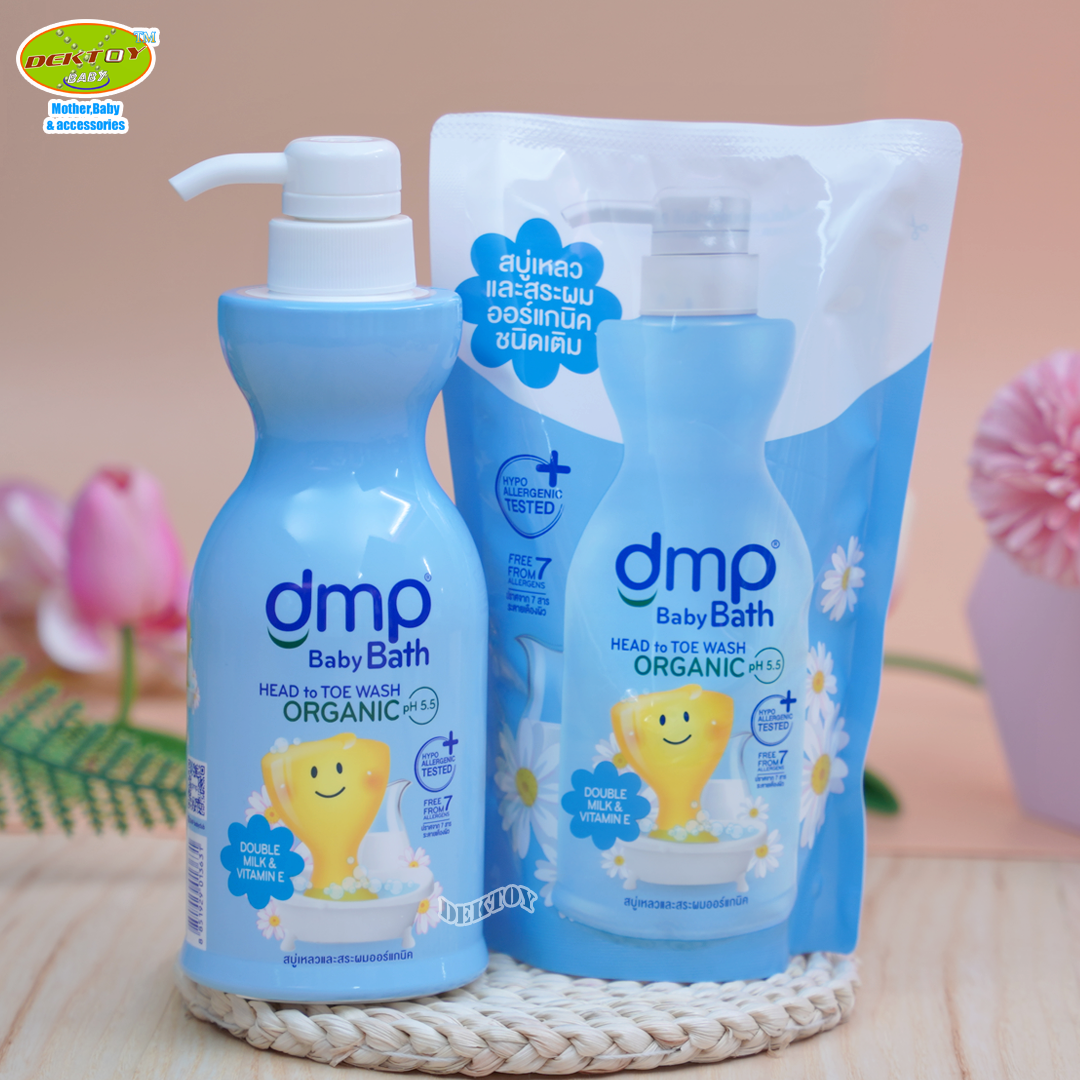 DMP ดีเอ็มพี สบู่เหลวอาบน้ำและสระผม ดับเบิ้ลมิลค์แอนด์วิตามินอี ออร์แกนิค พีเอช 5.5 ขาวฟ้า 480 + 250 มล. หัวปั๊ม+ถุง