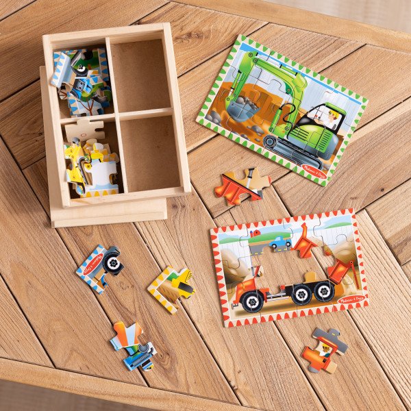 จิ๊กซอไม้12ชิ้นx4ลาย รุ่นรถก่อสร้าง Wooden Jigsaw Puzzles in a Box Construction Melissa & Doug