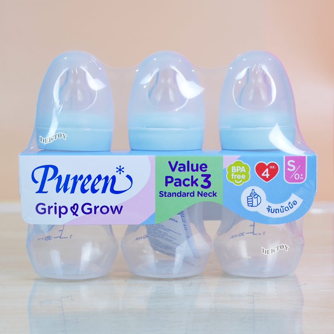 Pureen ขวดนมเพียวรีนจับถนัดมือ PPคอมาตรฐานแพ็ค3ขวดจุกนุ่มAnti-colic Grip grow
