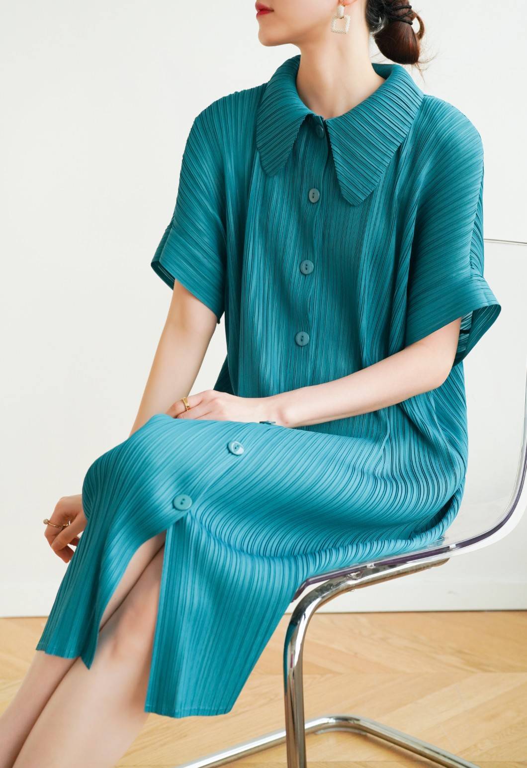 2MUAY รุ่น GJO2087 COLLAR BUTTON FRONT PLEAT DRESS เดรสอัดพลีทงานคุณภาพ 9สี FREE SIZE