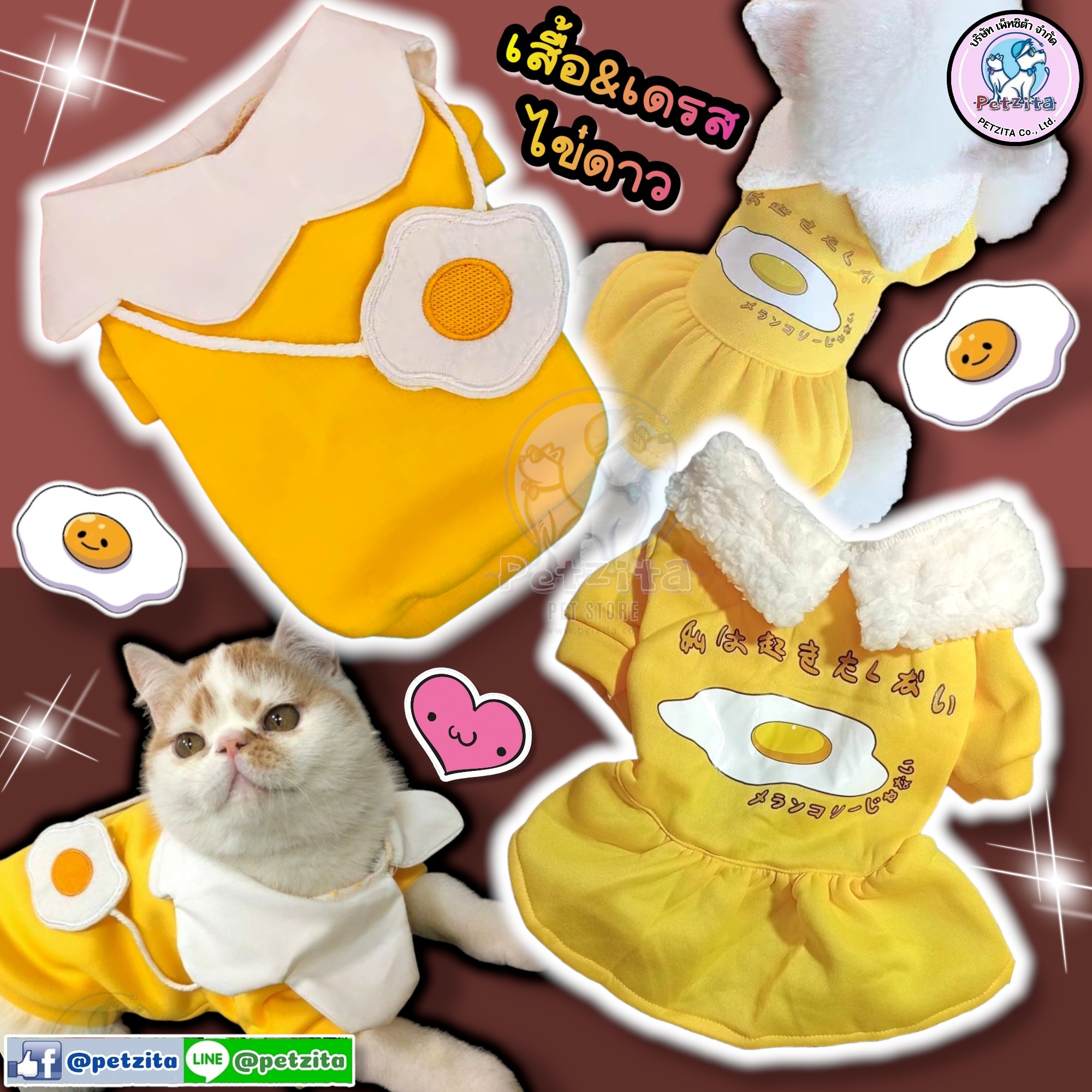 🇹🇭พร้อมส่ง🇹🇭🌈🍳🍳เสื้อ&เดรส สีเหลือง แต่งลาย * ไข่ดาว * คอปกสีขาว 💟💟 for pet สัตว์เลี้ยง สุนัข แมว