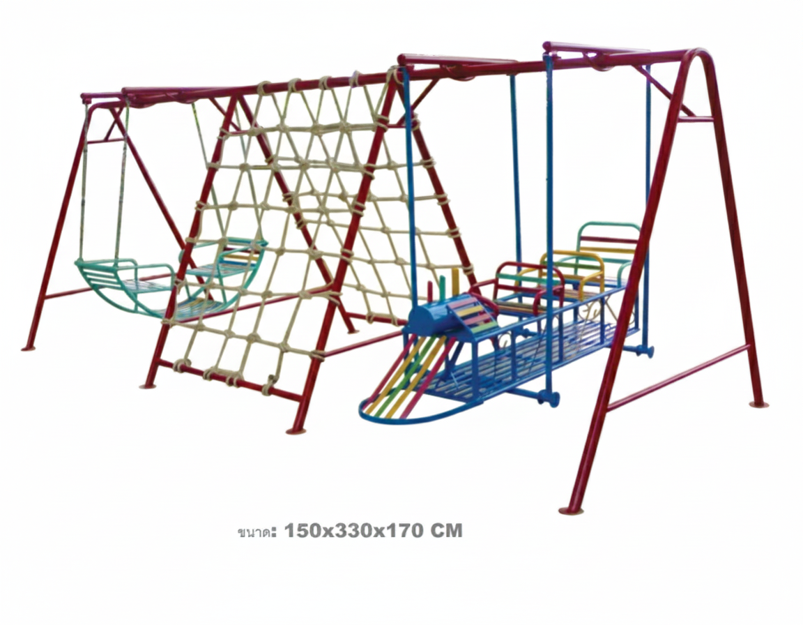 เครื่องเล่นสนามกลางแจ้ง เหล็ก ชุดปีนป่ายรวมรถไฟ พร้อมชิงช้านั่งคู่ OutdoorPlayground,ผลิตเครื่องเล่นสนาม,เครื่องเล่นในสนามเด็กเล่น,เครื่องเล่นงบสพฐ.,ประชารัฐ, ราคาโรงงาน ขนาด 150 x 350 x 160 ซม.