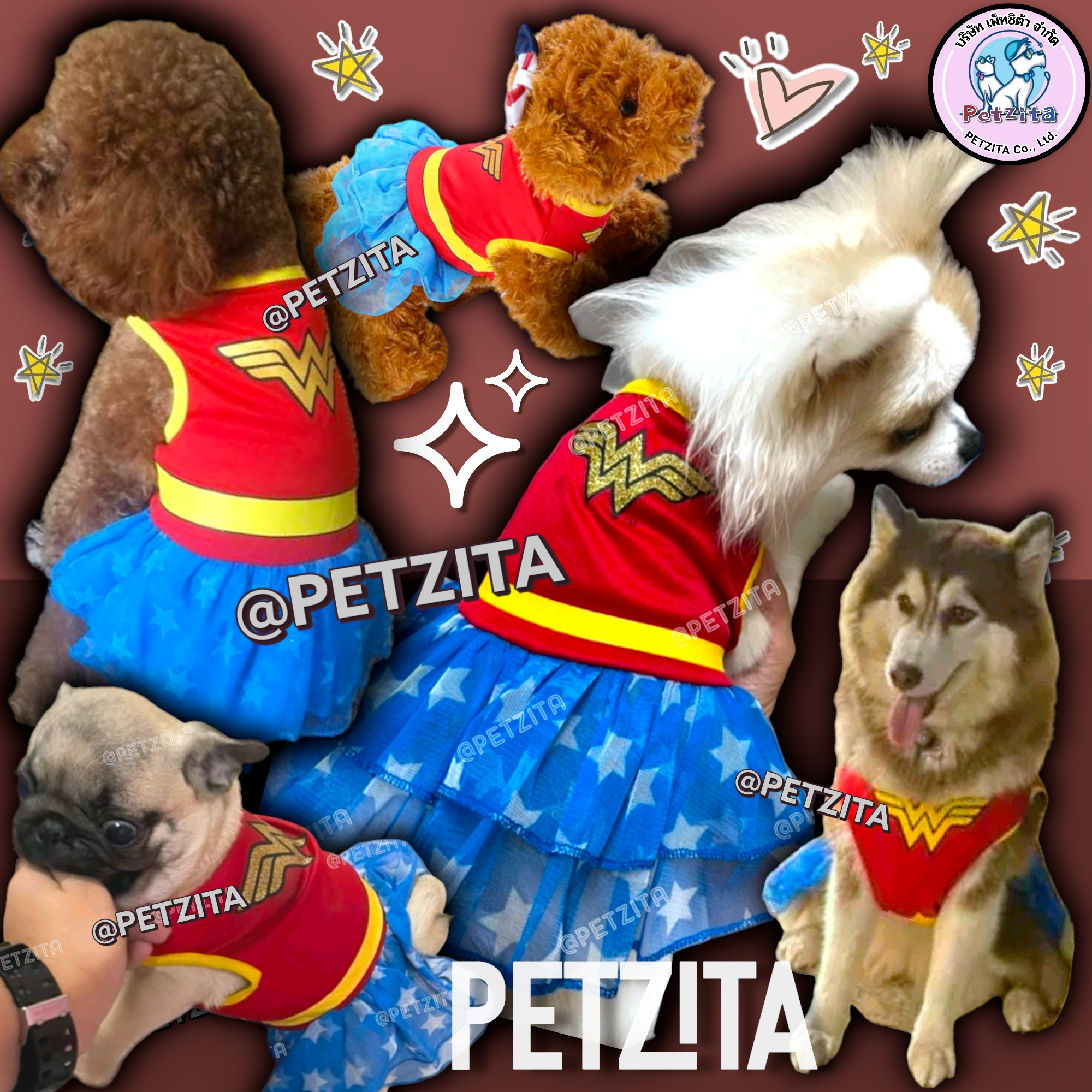 🇹🇭พร้อมส่ง🇹🇭🦸♀️🌟 ชุดเดรสคอสเพลย์ เดรส WONDERWOMAN 🌟🦸♀️ for pet เสื้อผ้าสัตว์เลี้ยง เดรสสุนัข เสื้อหมา ชุดแมว