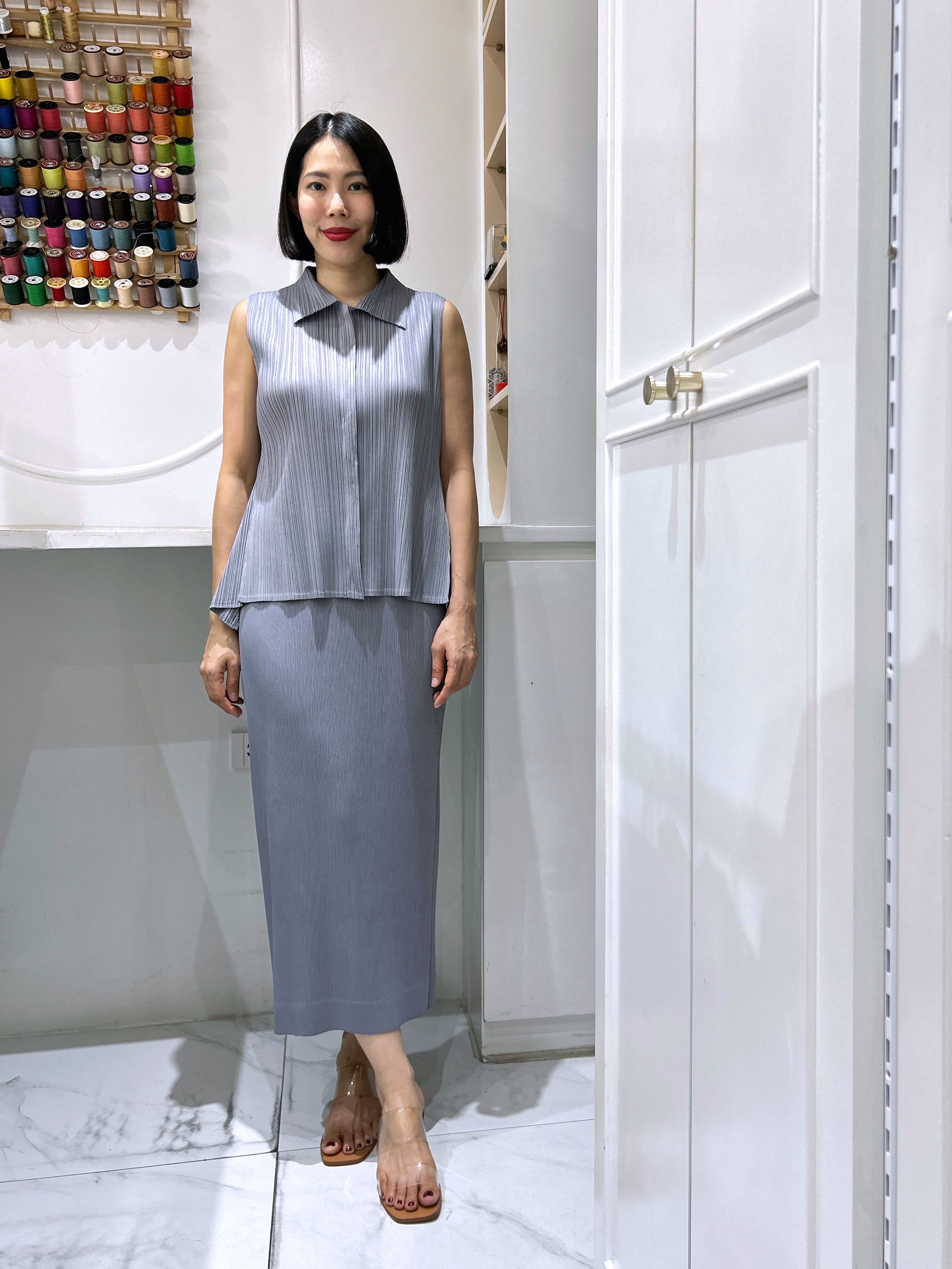 2MUAY รุ่น GJO11055-9 / GJO1821-9 เซ็ตพลีท COLLAR BUTTON FRONT TOP WITH SKIRT PLEATED SET 5 สี FREE SIZE