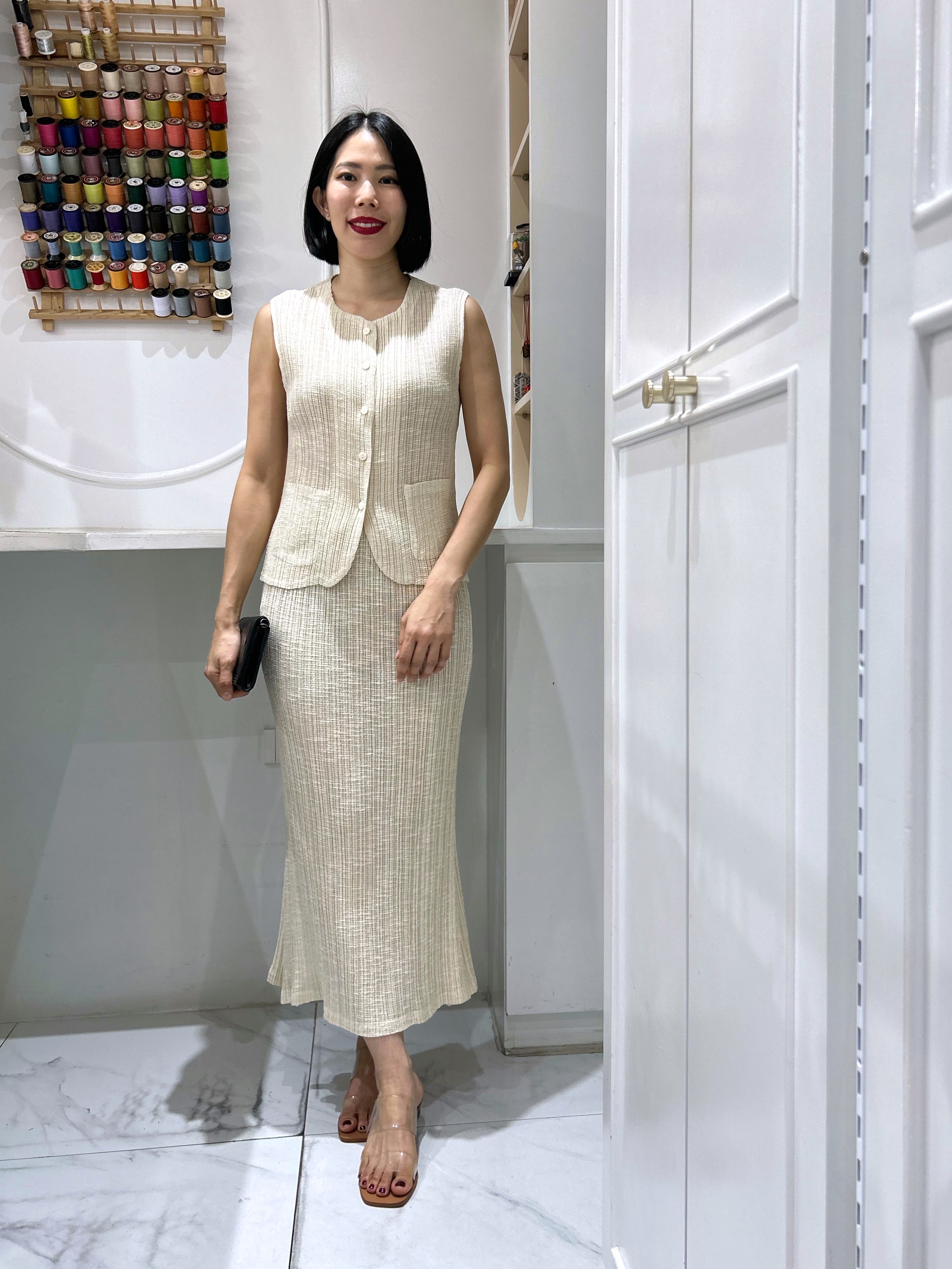กป ยาว34นิ้ว!! 2MUAY รุ่น GJO10342 / GJO11275 เซ็ตอัดพลีท ผ้าKnit SLEEVELESS BUTTON FRONT METALLIC KNIT PLEATED SET 9 สี FREE SIZE