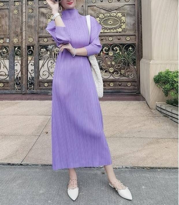 2MUAY รุ่น GJO7877 HIGH NECK ANGLE SLEEVE PLEAT DRESS เดรสผู้หญิง เดรสพลีทคุณภาพ 11สี FREE SIZE