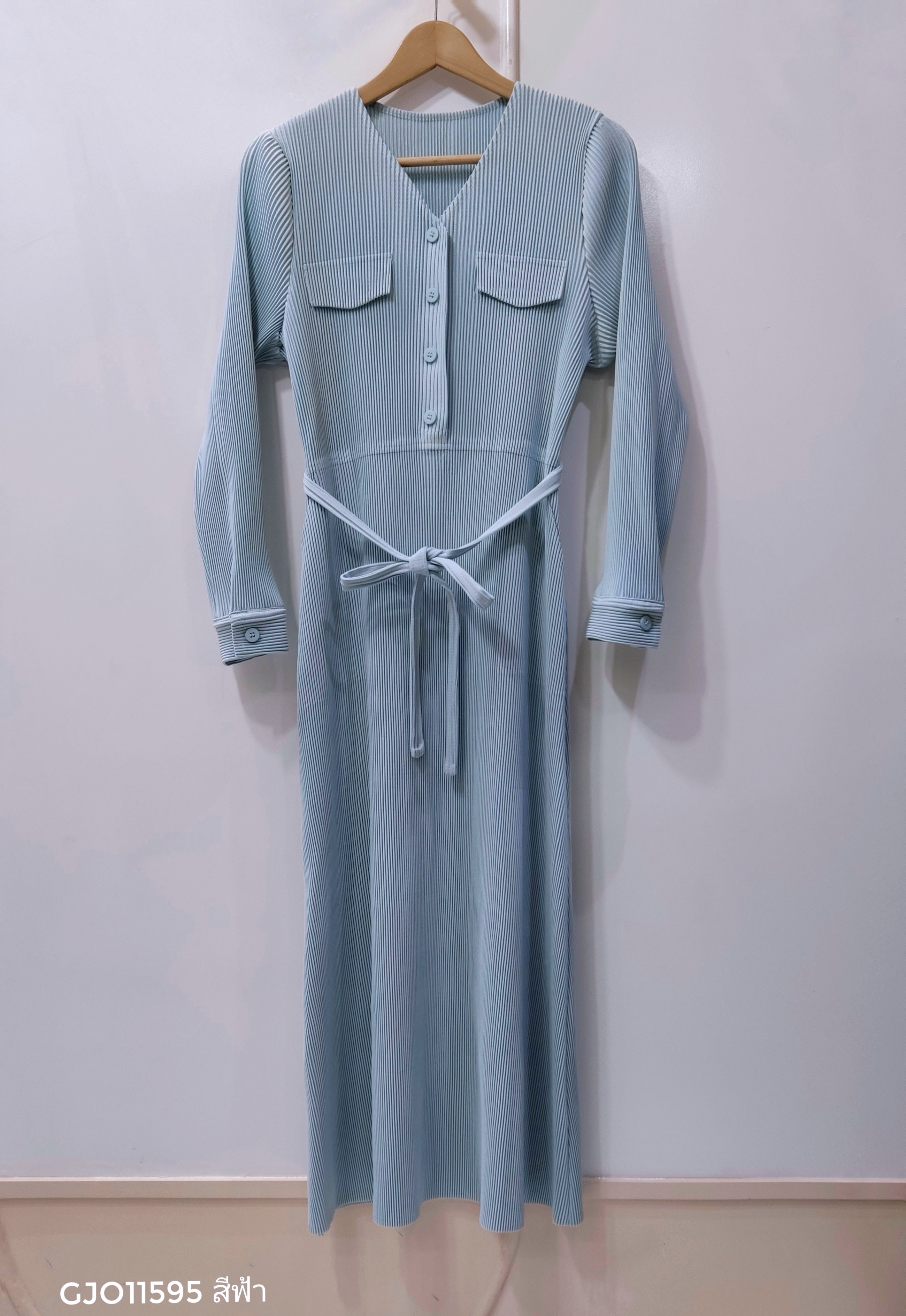 2MUAY รุ่น GJO11595 เดรสอัดพลีท THICK V NECK LONG SLEEVE PLEATED DRESS 8 สี FREE SIZE