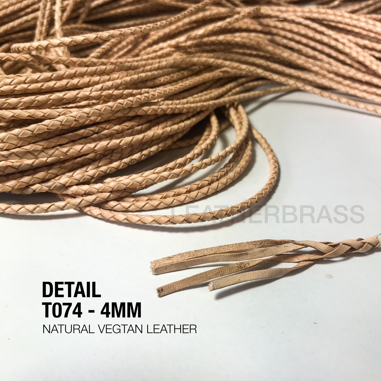 T074 เชือกถักหนังฟอกฟาด สีธรรมชาติ อุปกรณ์งาน DIY อุปกรณ์งานหนัง **ราคาต่อหลา** Leatherbrass