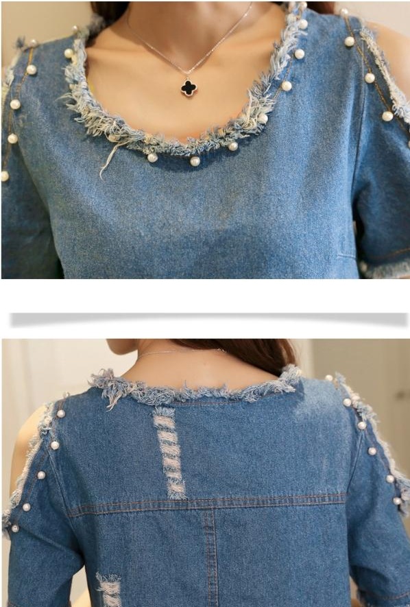 เดรสยีนส์มาใหม่ เว้าไหล่ ปักมุกด้วยหมุด ตามแบบ