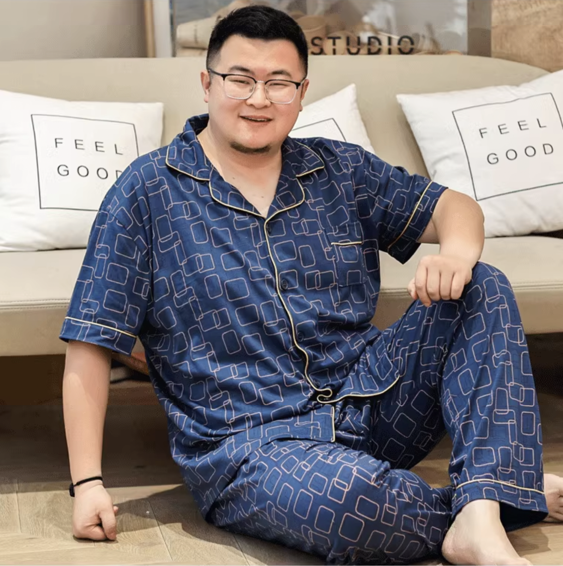 ชุดนอนผู้ชายอ้วน ไซส์ใหญ่ แขนสั้น-ขายาว ลายสี่เหลี่ยม ผ้าเนื้อดี ใส่สบาย