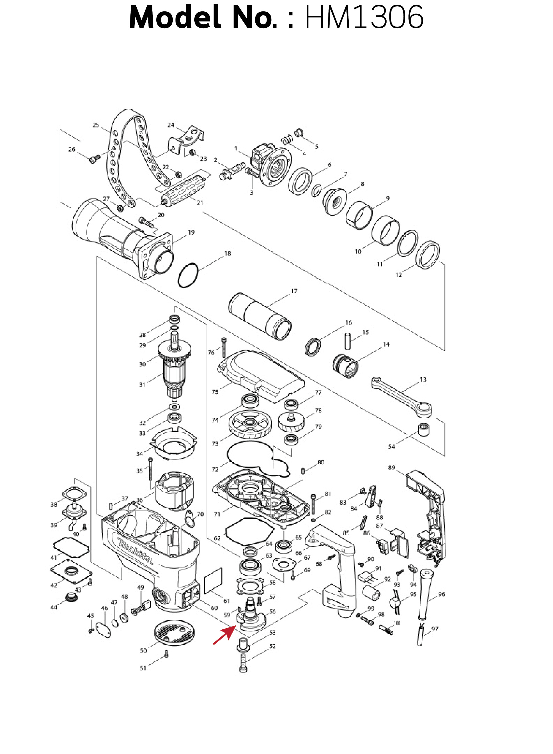 ข้อเหวี่ยง (แท้) สกัดไฟฟ้า Makita มากีต้า รุ่น HM1306 #56 (324823-5) (อะไหล่แท้100%) CRANK SHAFT