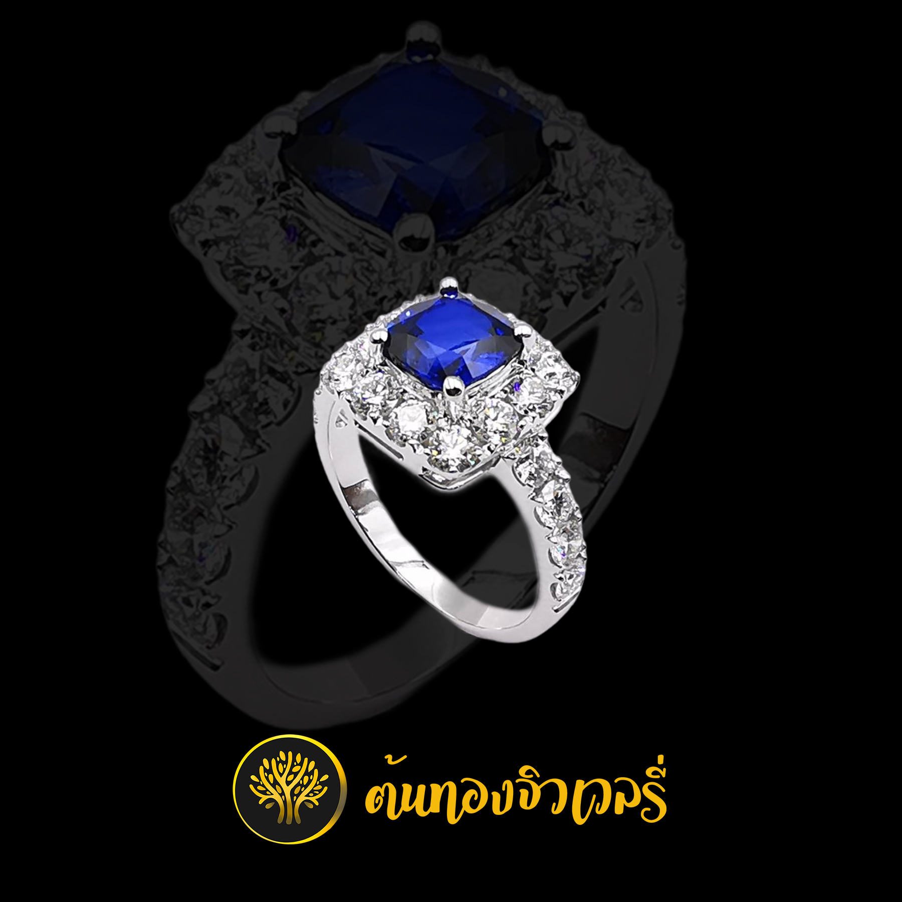 แหวนเงินไพลิน ล้อมเพชร บ่าข้าง โดดเด่นด้วย ไพลินสีน้ำเงิน สวยจัดๆ