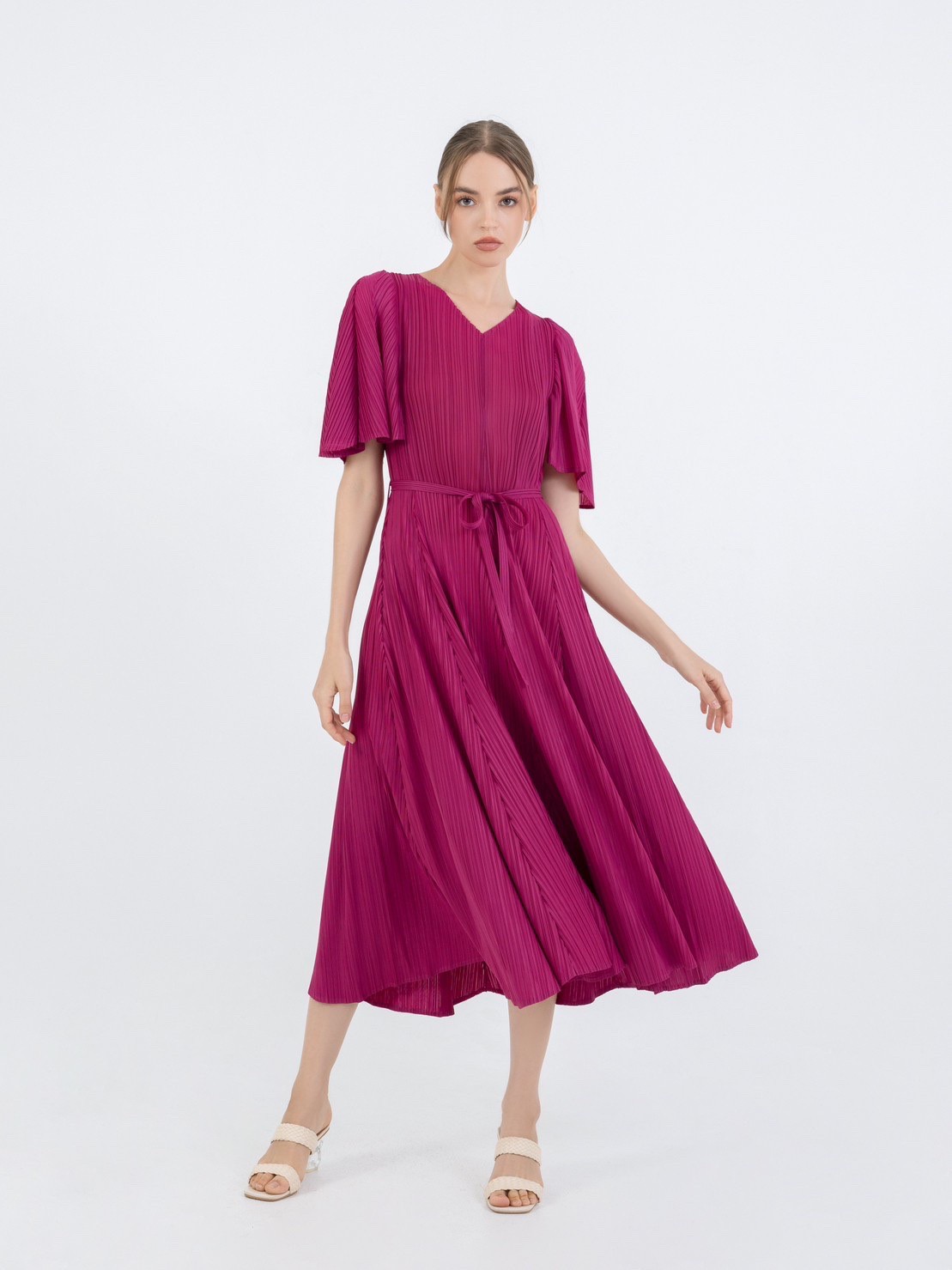 2MUAY รุ่น GJO3653 เดรสผู้หญิง เดรสพลีทคุณภาพ 10สี FREE SIZE V NECK FLARE SLEEVE PLEATED DRESS